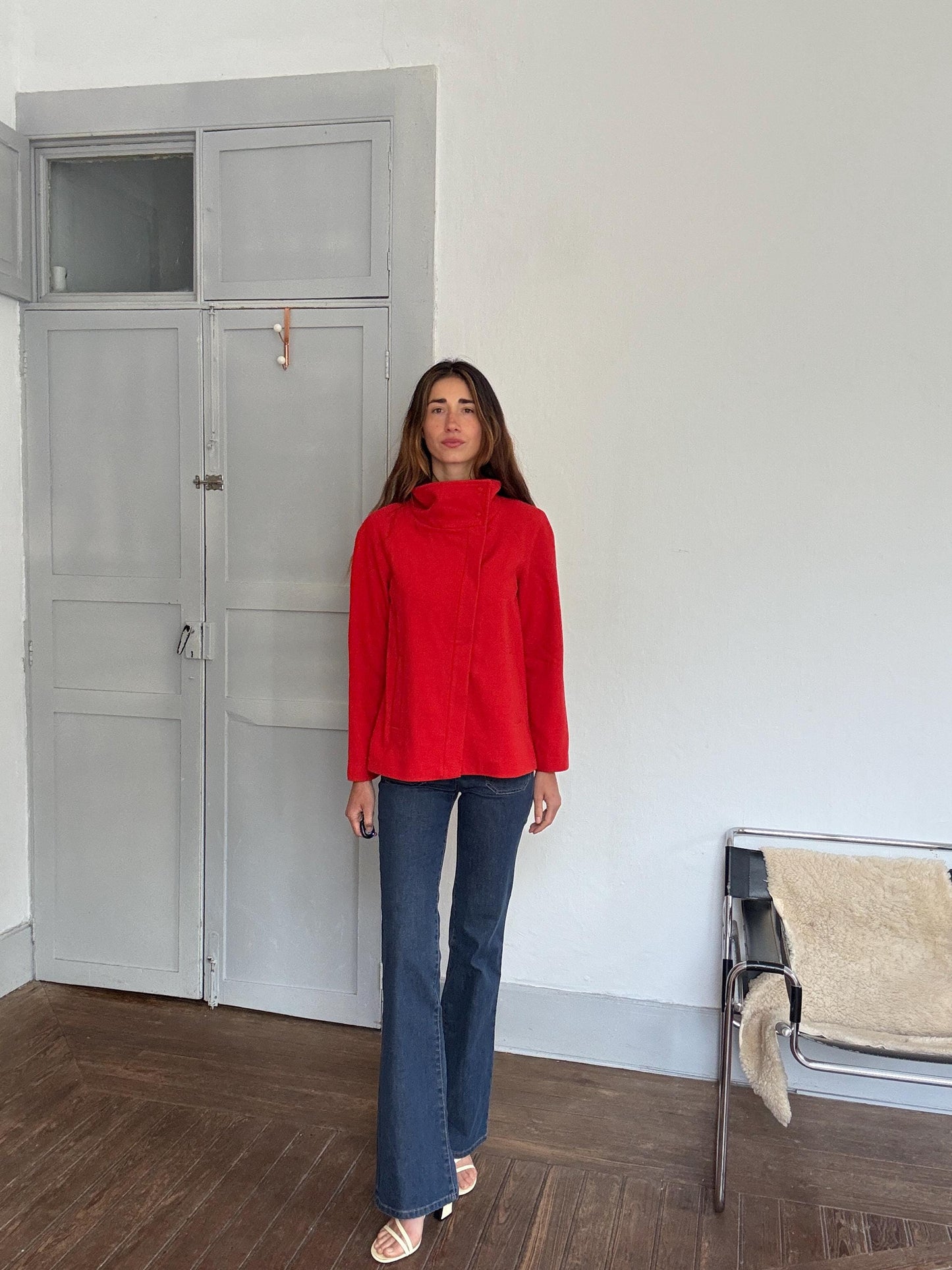 Vintage Benetton red wool coat – bright statement outerwear, size EU 38/FR 38/US 6, high collar, minimalist zip, 2000s style