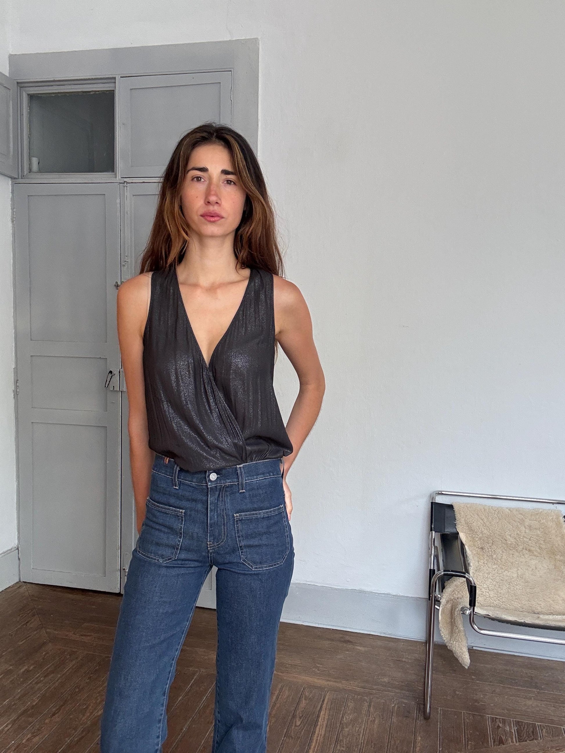 Sheer black deep V camisole top – sexy draped cut, sheer shimmer, sleeveless blouse, size S/M, layering top, Y2K evening glam