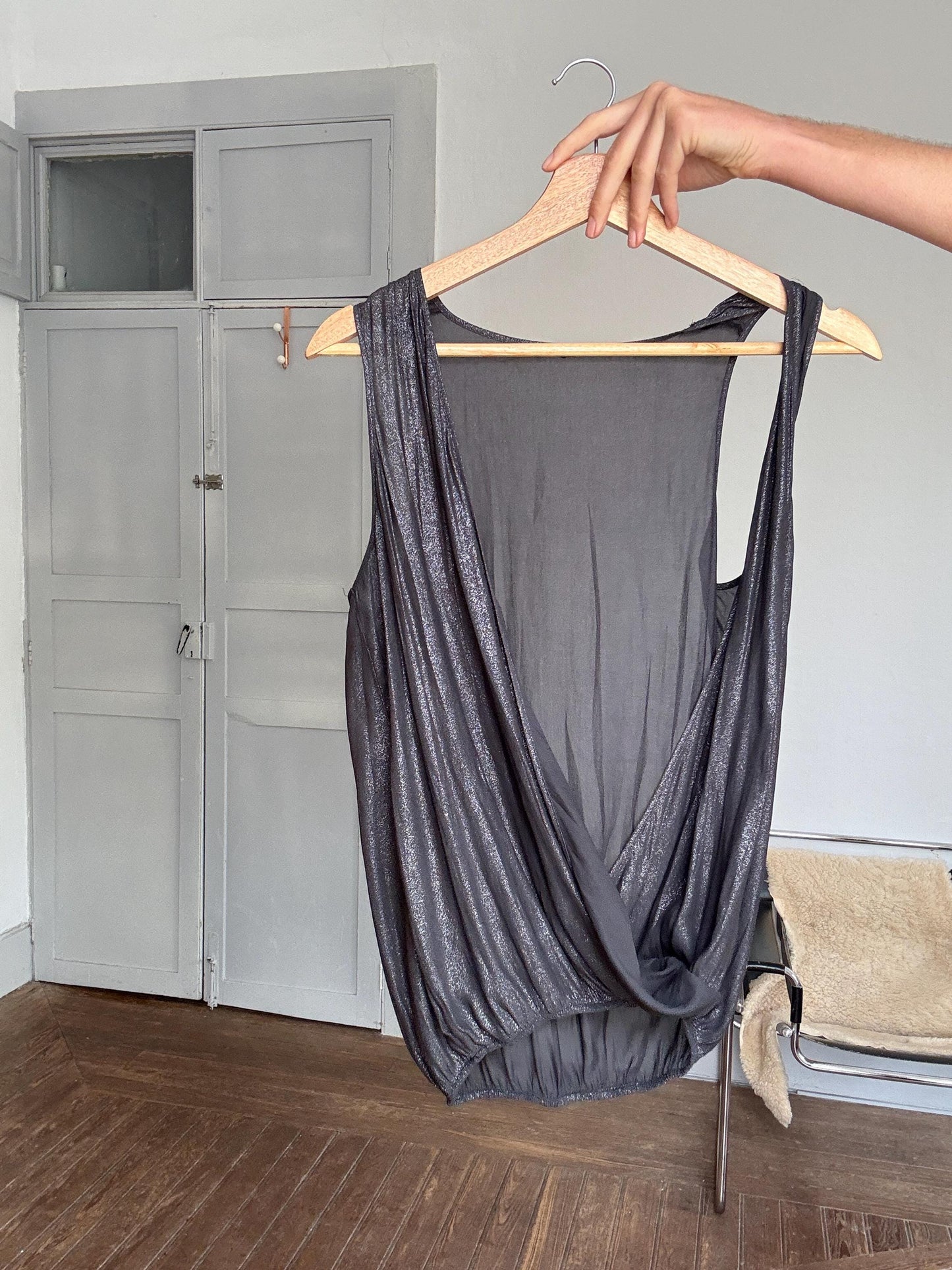 Sheer black deep V camisole top – sexy draped cut, sheer shimmer, sleeveless blouse, size S/M, layering top, Y2K evening glam