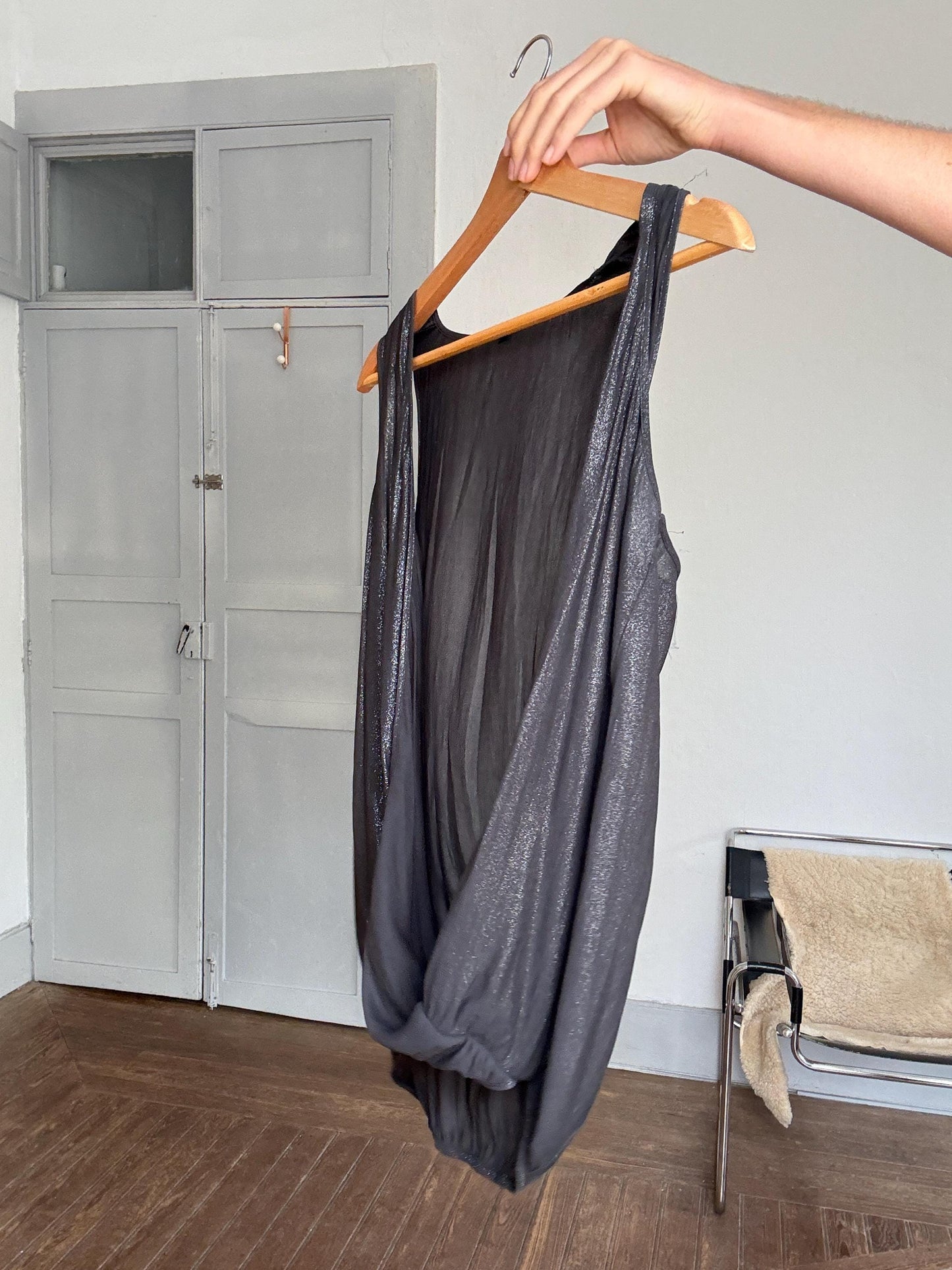 Sheer black deep V camisole top – sexy draped cut, sheer shimmer, sleeveless blouse, size S/M, layering top, Y2K evening glam