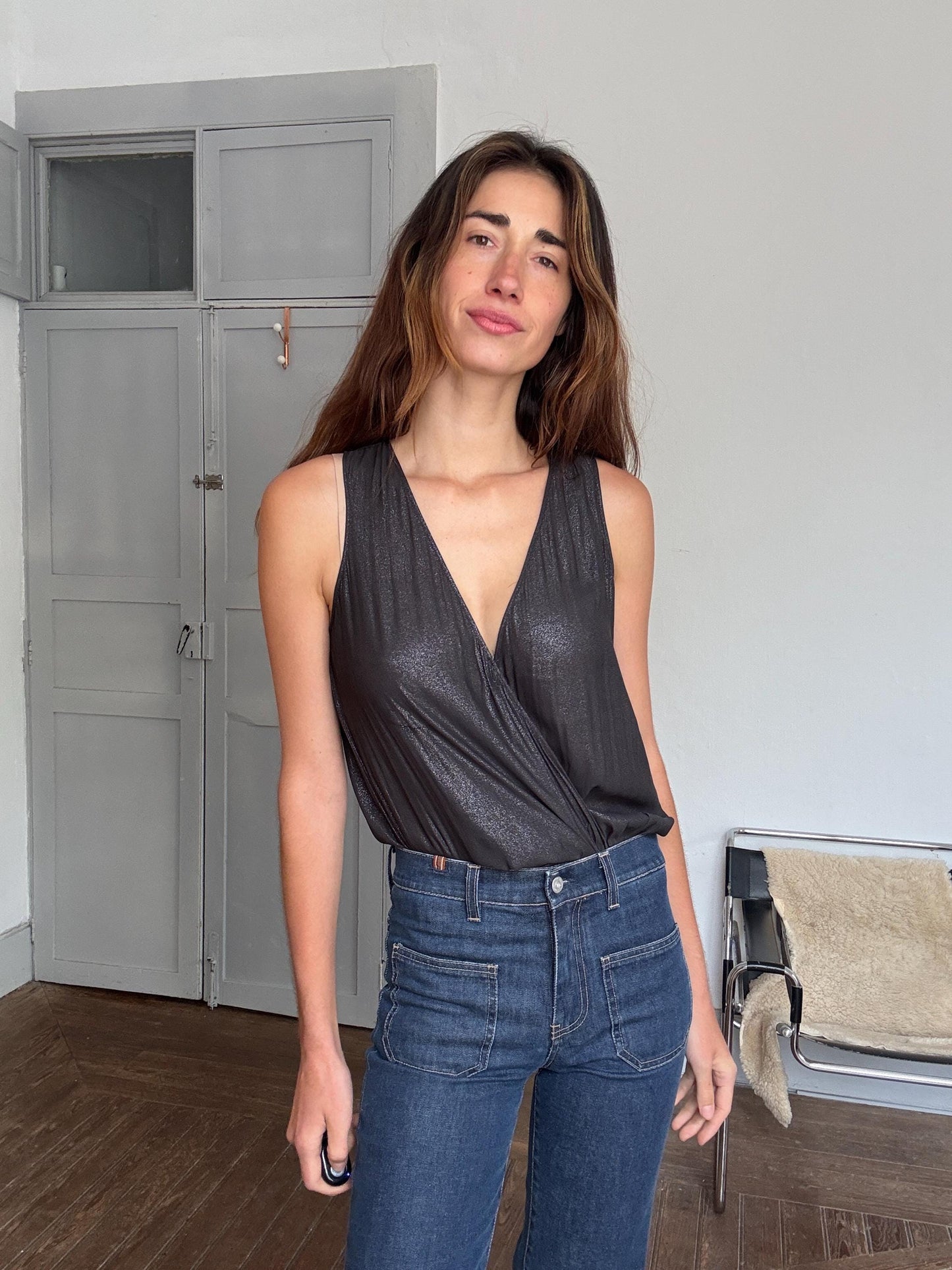 Sheer black deep V camisole top – sexy draped cut, sheer shimmer, sleeveless blouse, size S/M, layering top, Y2K evening glam