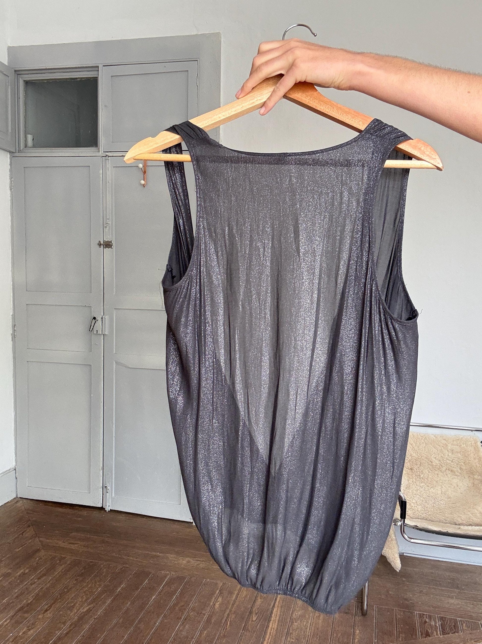 Sheer black deep V camisole top – sexy draped cut, sheer shimmer, sleeveless blouse, size S/M, layering top, Y2K evening glam