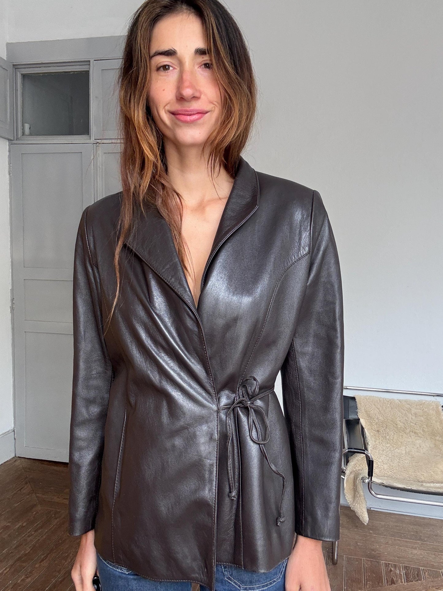 Vintage Casa Lopez leather jacket – genuine sheep leather, brown wrap blazer style, tag size M, soft lining, timeless fit