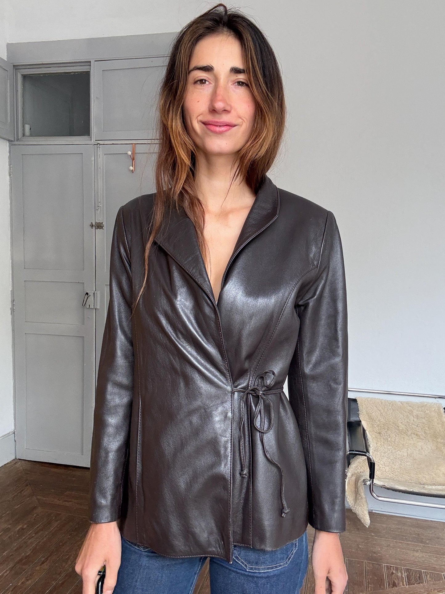 Vintage Casa Lopez leather jacket – genuine sheep leather, brown wrap blazer style, tag size M, soft lining, timeless fit