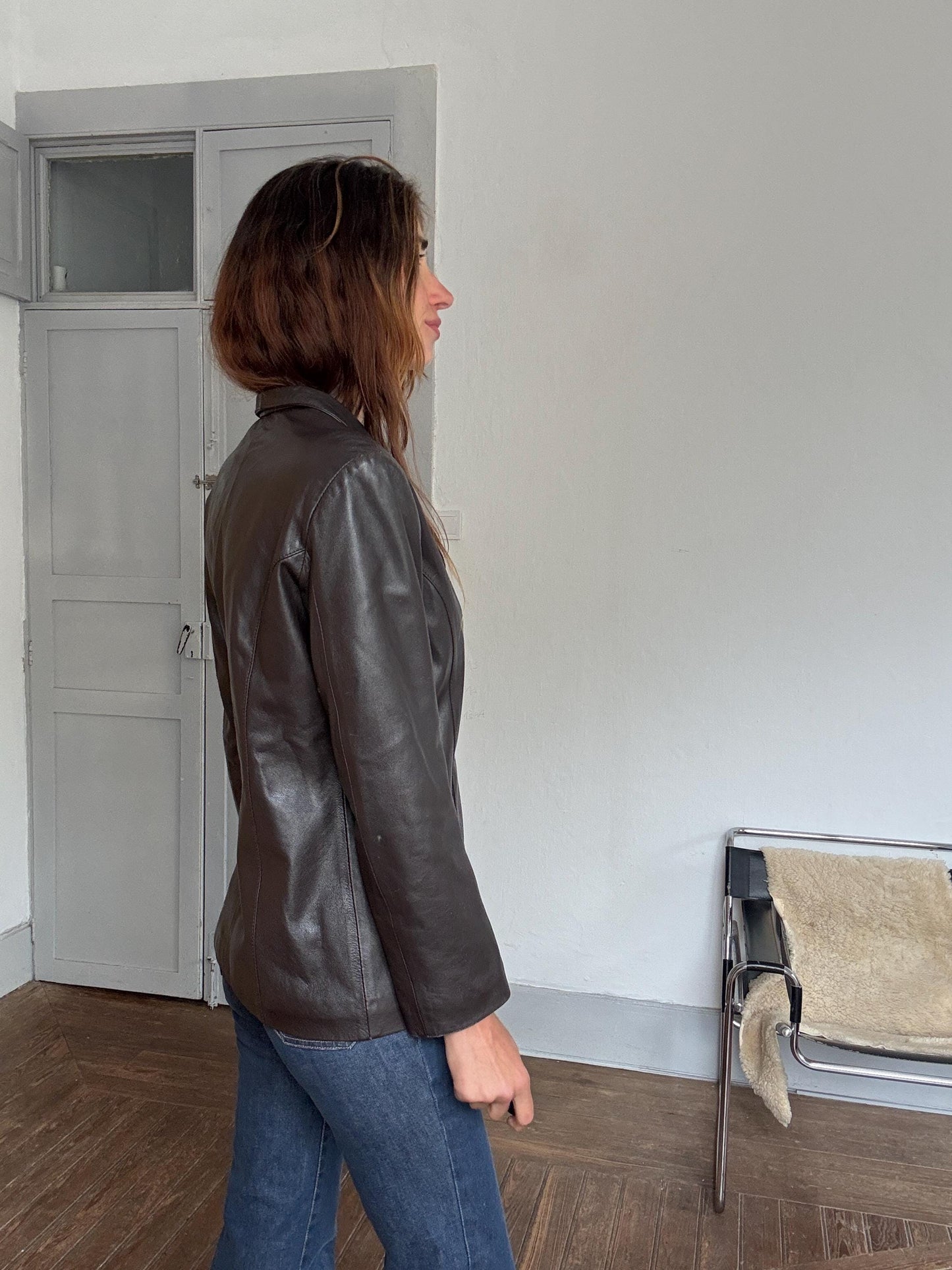 Vintage Casa Lopez leather jacket – genuine sheep leather, brown wrap blazer style, tag size M, soft lining, timeless fit
