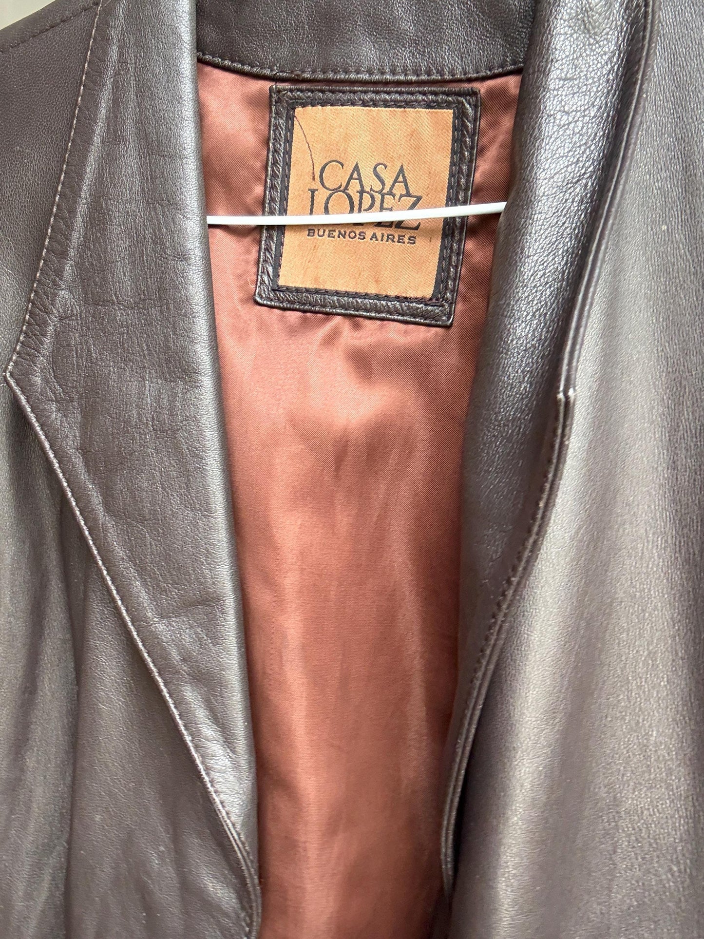 Vintage Casa Lopez leather jacket – genuine sheep leather, brown wrap blazer style, tag size M, soft lining, timeless fit