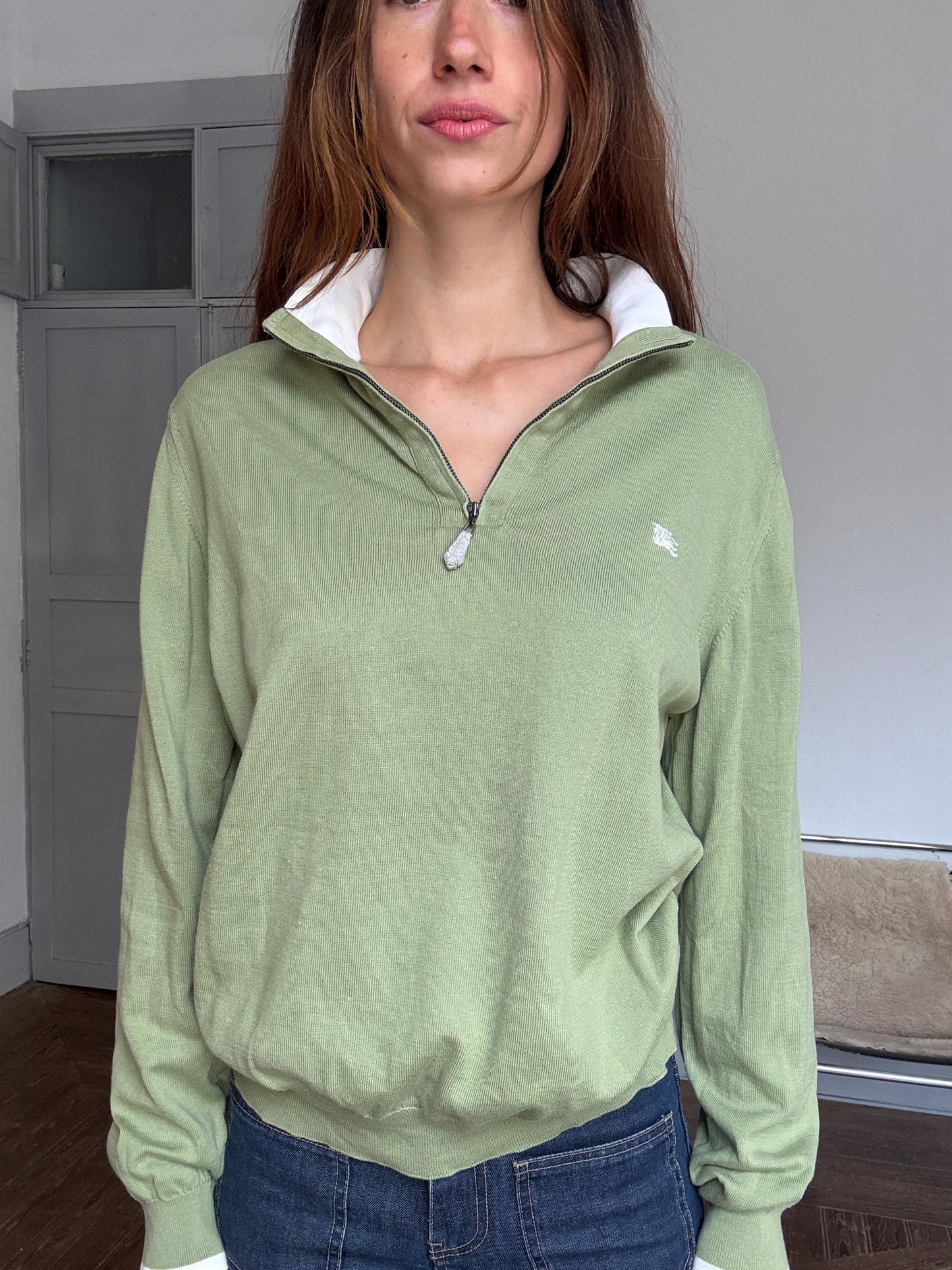 Vintage Burberry London polo jumper – sage green zip collar, tag size 5, 100% cotton, unisex fit, styled on woman, classic Y2K look
