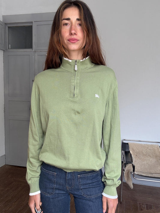 Vintage Burberry London polo jumper – sage green zip collar, tag size 5, 100% cotton, unisex fit, styled on woman, classic Y2K look