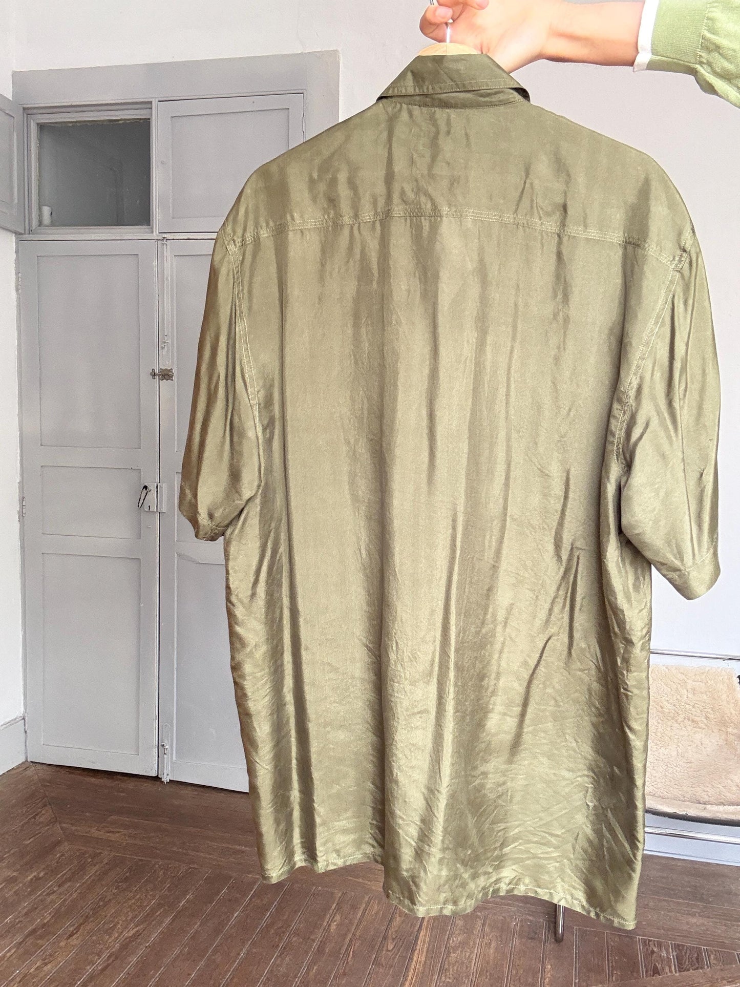 Vintage 100% silk button-up shirt – olive green Van Zon men’s M, soft drapey minimalist shirt styled oversized unisex luxe wear