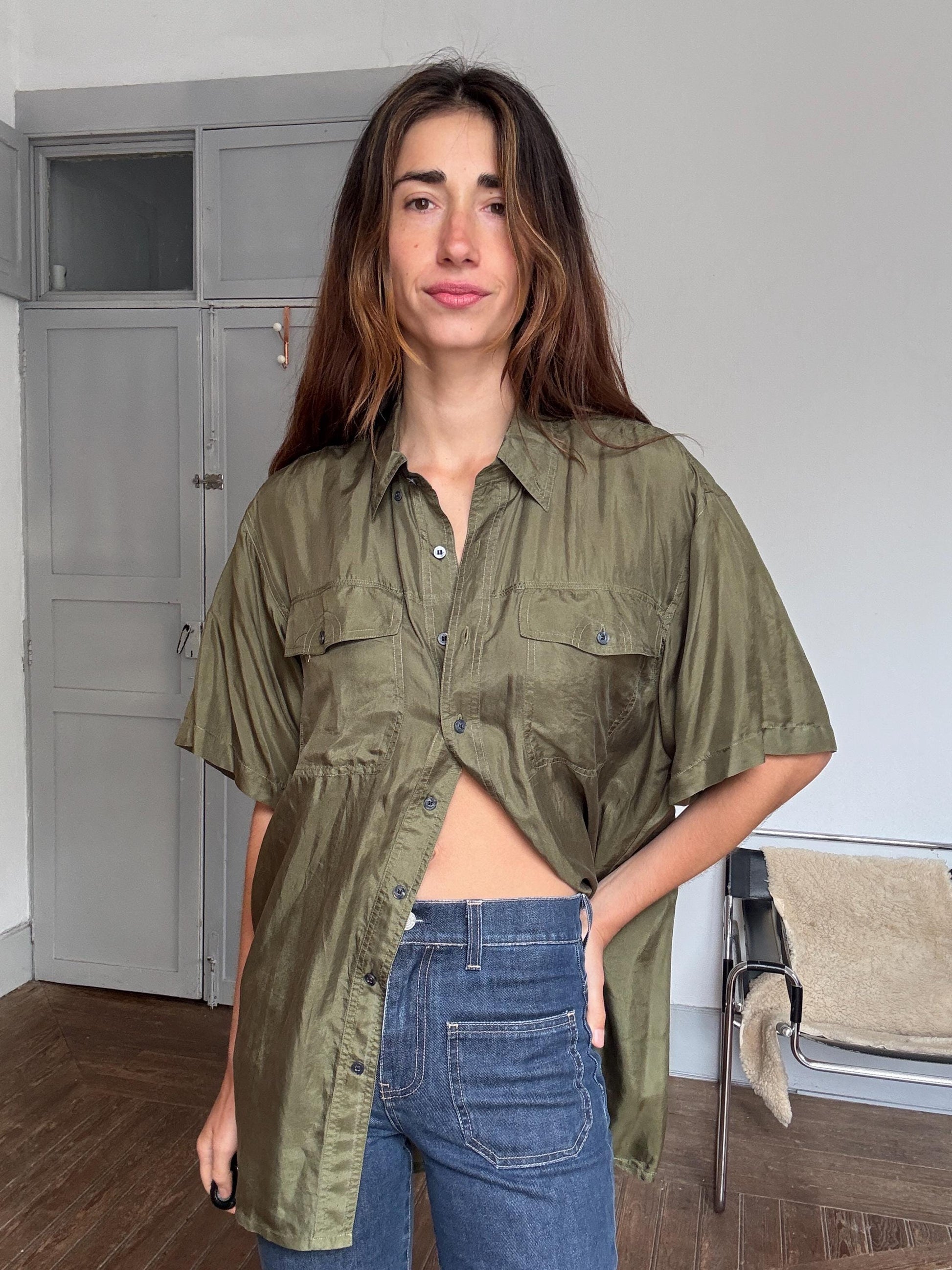 Vintage 100% silk button-up shirt – olive green Van Zon men’s M, soft drapey minimalist shirt styled oversized unisex luxe wear