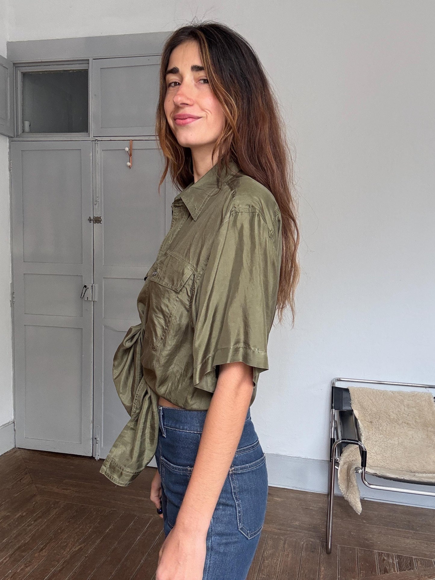 Vintage 100% silk button-up shirt – olive green Van Zon men’s M, soft drapey minimalist shirt styled oversized unisex luxe wear