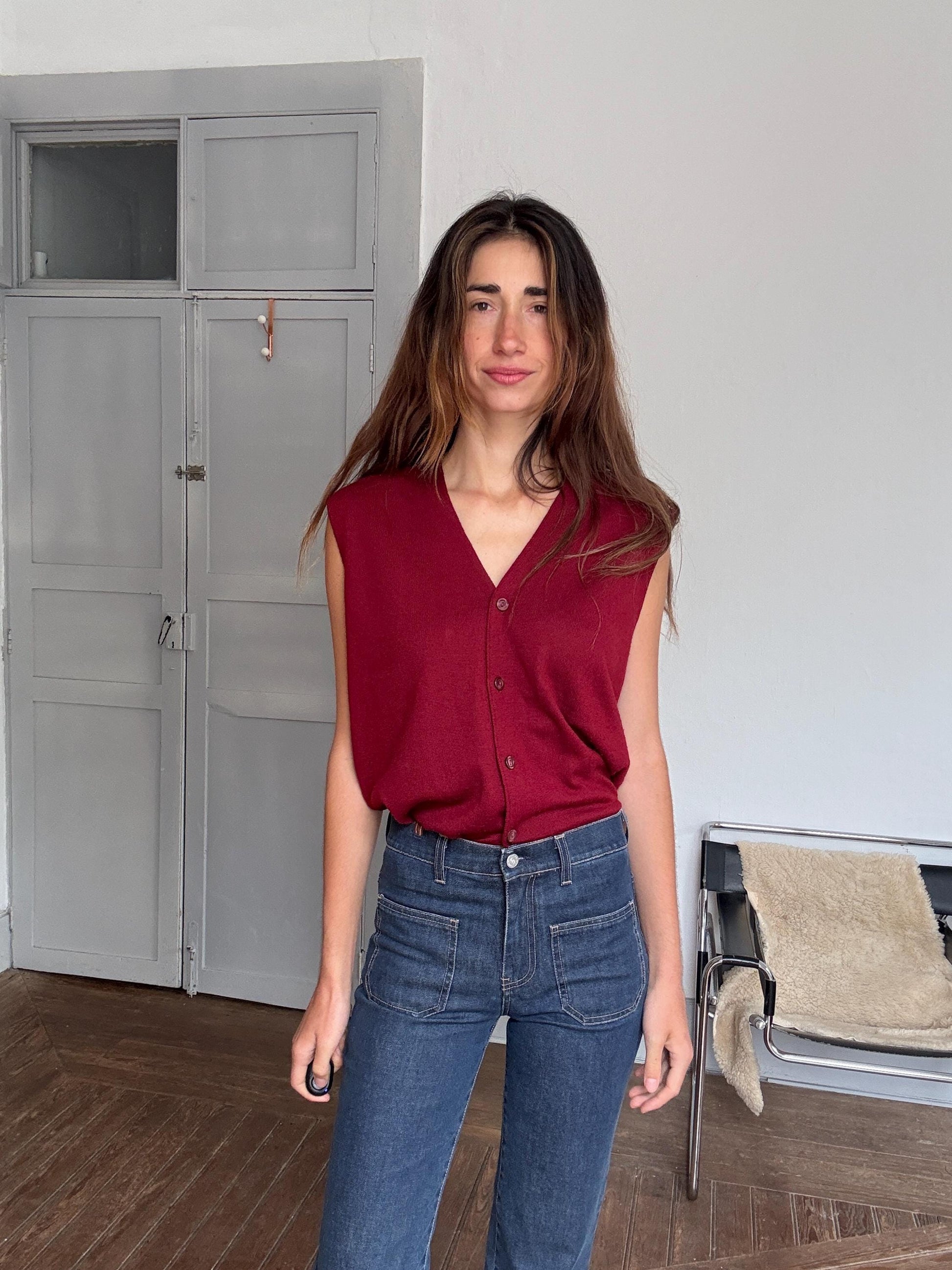 Vintage red wool blend waistcoat vest – dark academia gilet, unisex, size XL, button-up layering piece, oversized fit, 90s style knit