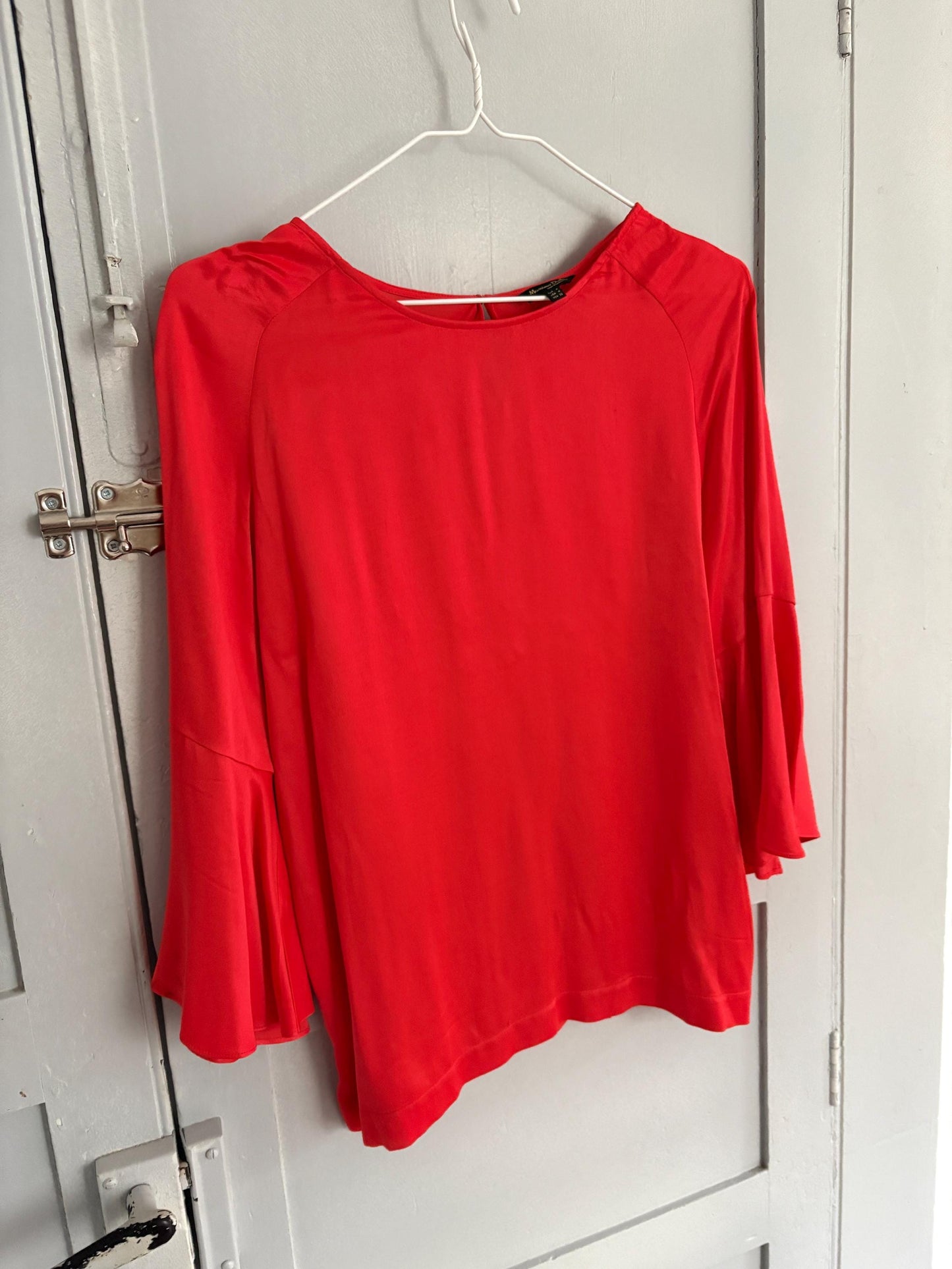 Vintage Massimo Dutti red blouse – flared sleeve top, elegant minimal style, women’s size M, soft drape, bright pink-red, Y2K chic