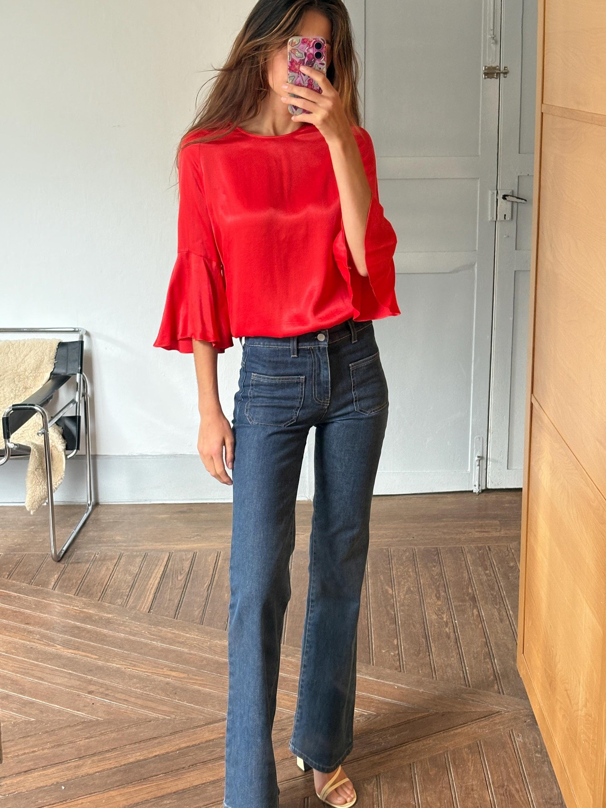 Vintage Massimo Dutti red blouse – flared sleeve top, elegant minimal style, women’s size M, soft drape, bright pink-red, Y2K chic