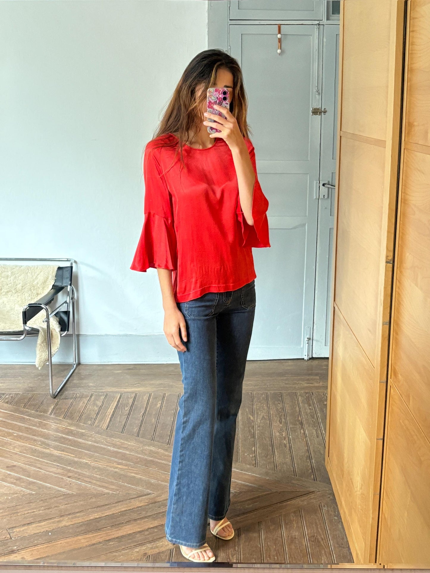 Vintage Massimo Dutti red blouse – flared sleeve top, elegant minimal style, women’s size M, soft drape, bright pink-red, Y2K chic