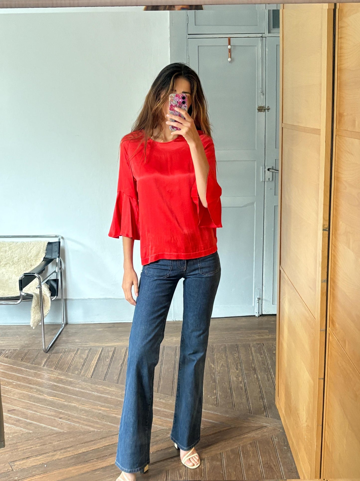 Vintage Massimo Dutti red blouse – flared sleeve top, elegant minimal style, women’s size M, soft drape, bright pink-red, Y2K chic