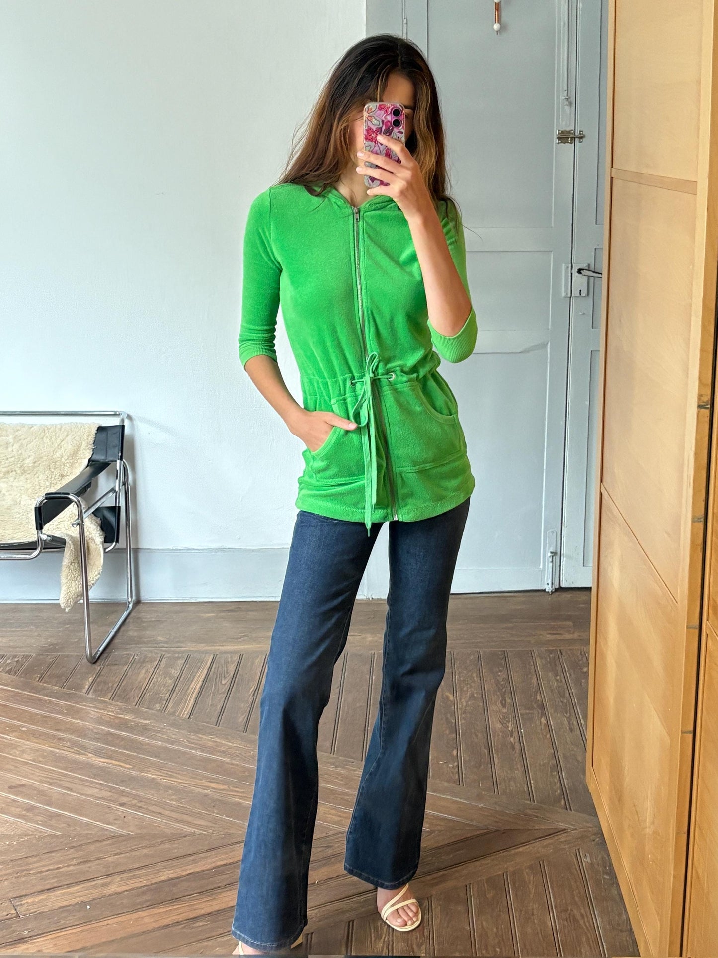 Vintage Y2K neon green terry hoodie cardigan – towel fabric zip-up with pockets, Echo brand, size XS - S, Bold 00s sporty rave aesthetic