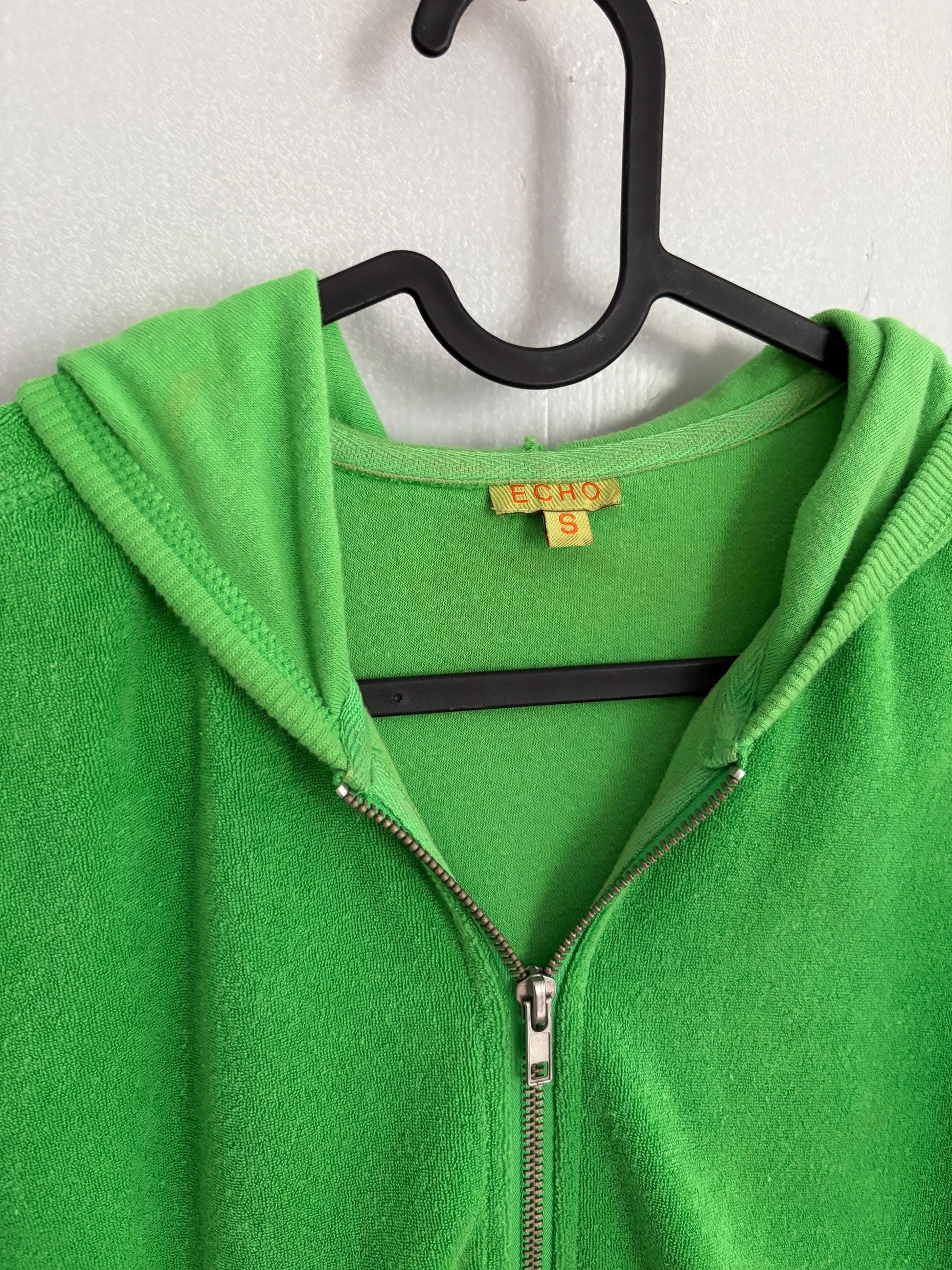 Vintage Y2K neon green terry hoodie cardigan – towel fabric zip-up with pockets, Echo brand, size XS - S, Bold 00s sporty rave aesthetic