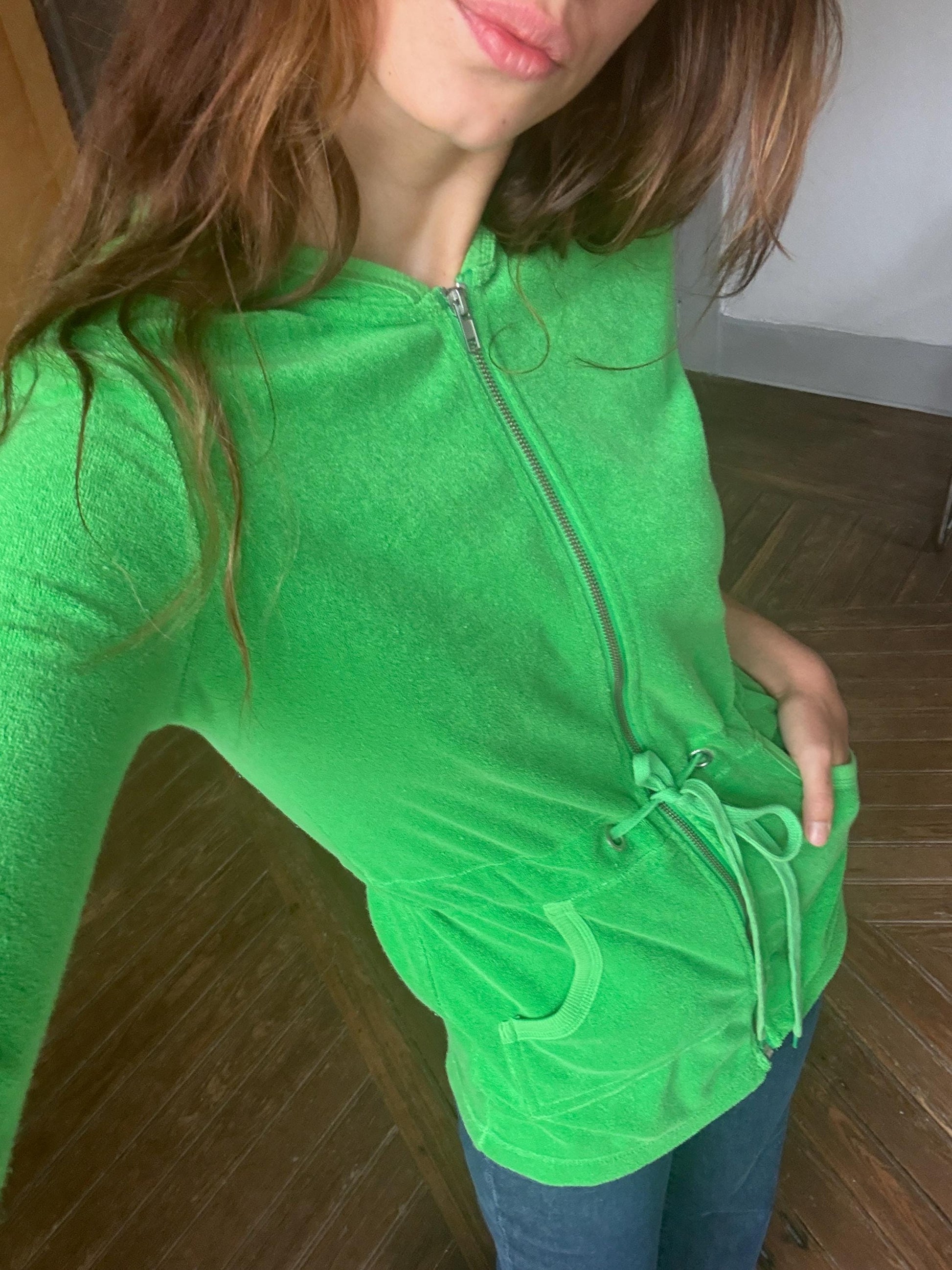 Vintage Y2K neon green terry hoodie cardigan – towel fabric zip-up with pockets, Echo brand, size XS - S, Bold 00s sporty rave aesthetic