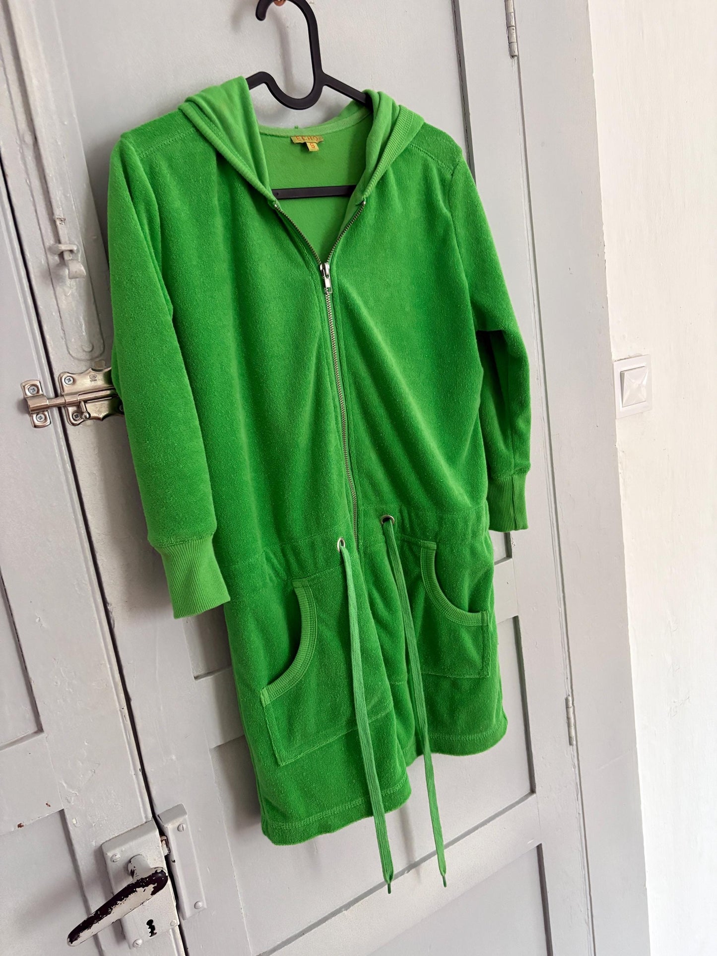 Vintage Y2K neon green terry hoodie cardigan – towel fabric zip-up with pockets, Echo brand, size XS - S, Bold 00s sporty rave aesthetic