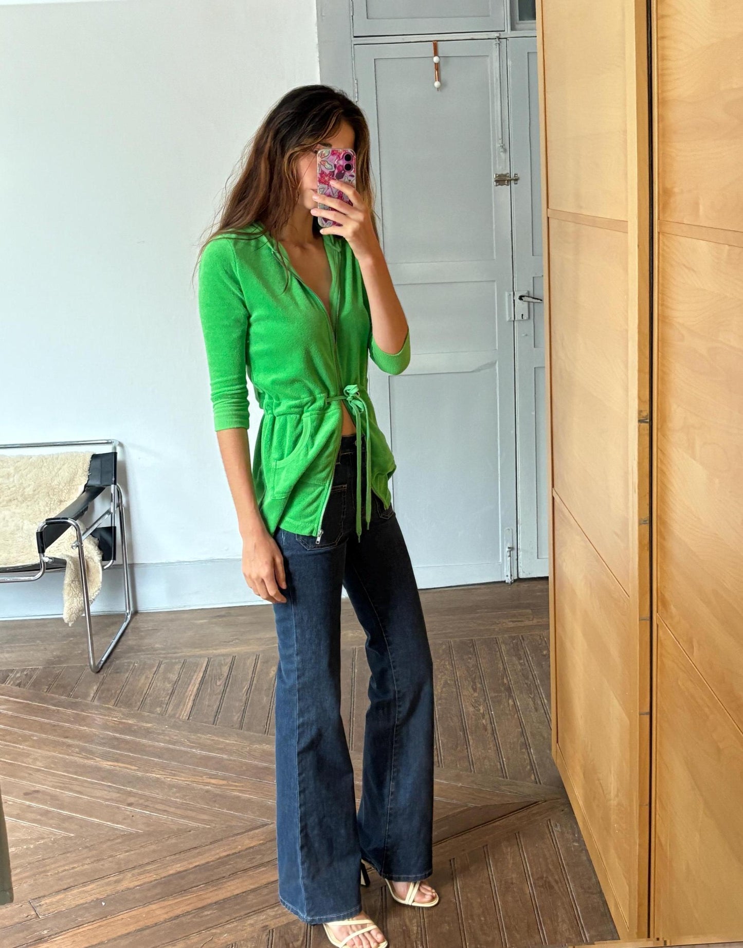 Vintage Y2K neon green terry hoodie cardigan – towel fabric zip-up with pockets, Echo brand, size XS - S, Bold 00s sporty rave aesthetic