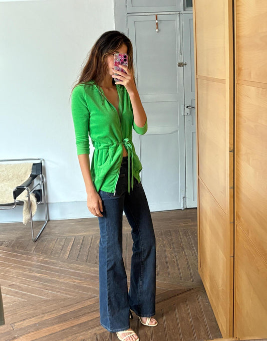 Vintage Y2K neon green terry hoodie cardigan – towel fabric zip-up with pockets, Echo brand, size XS - S, Bold 00s sporty rave aesthetic