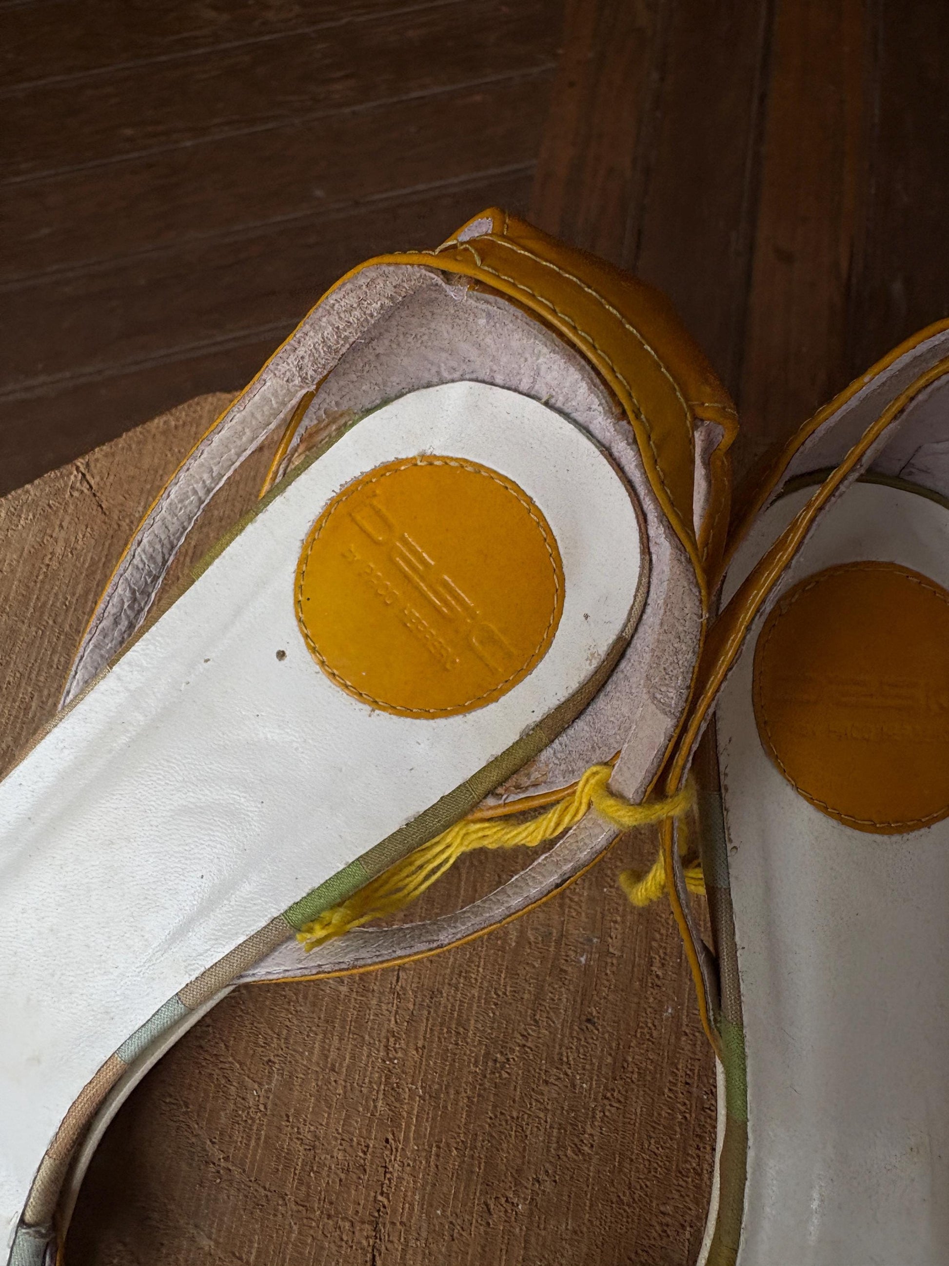 Vintage Paco Herrero yellow heels – striped Y2K mini sandals with bow & rhinestone detail, EU 39, playful retro aesthetic, 4cm heel