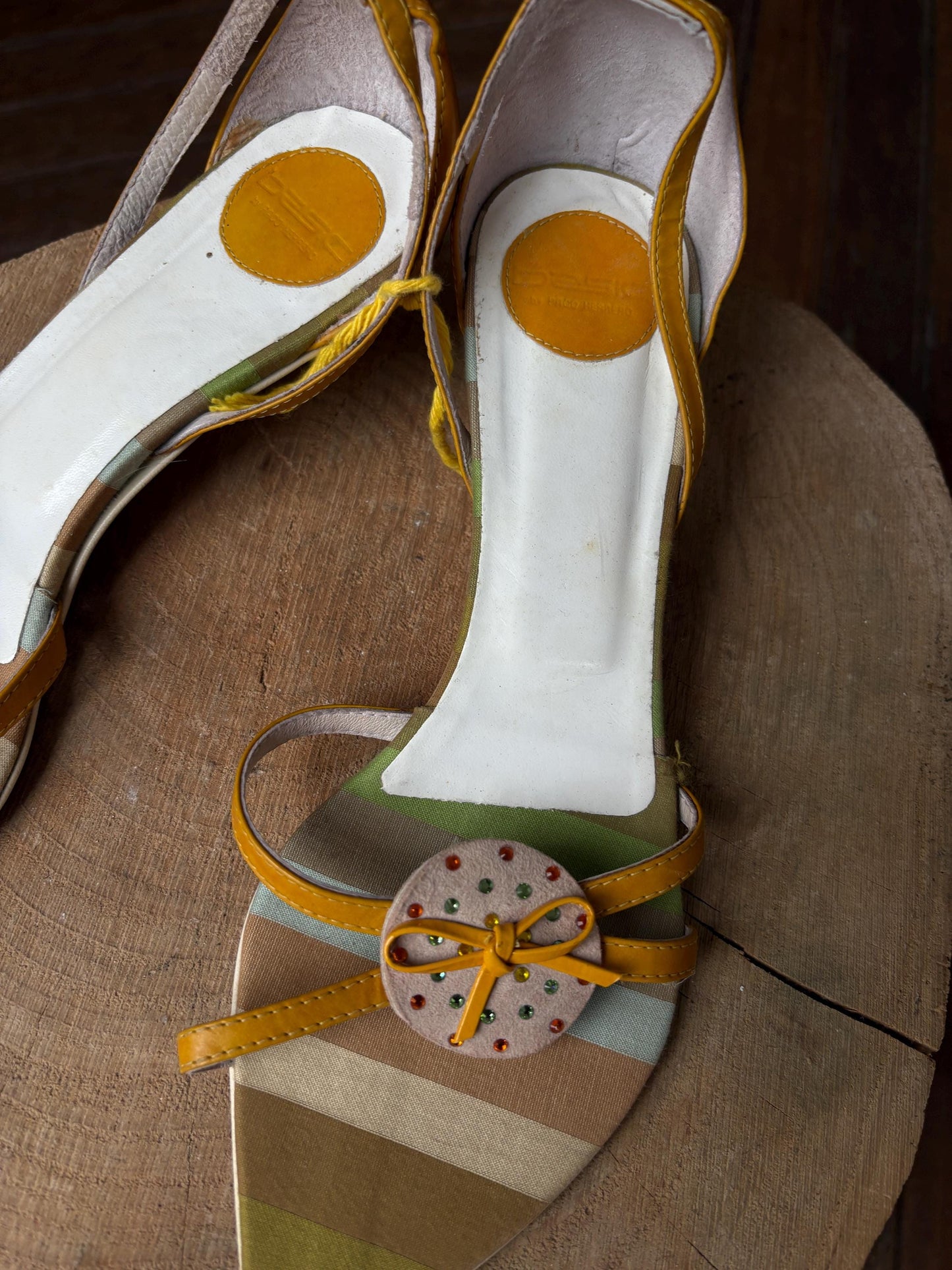 Vintage Paco Herrero yellow heels – striped Y2K mini sandals with bow & rhinestone detail, EU 39, playful retro aesthetic, 4cm heel