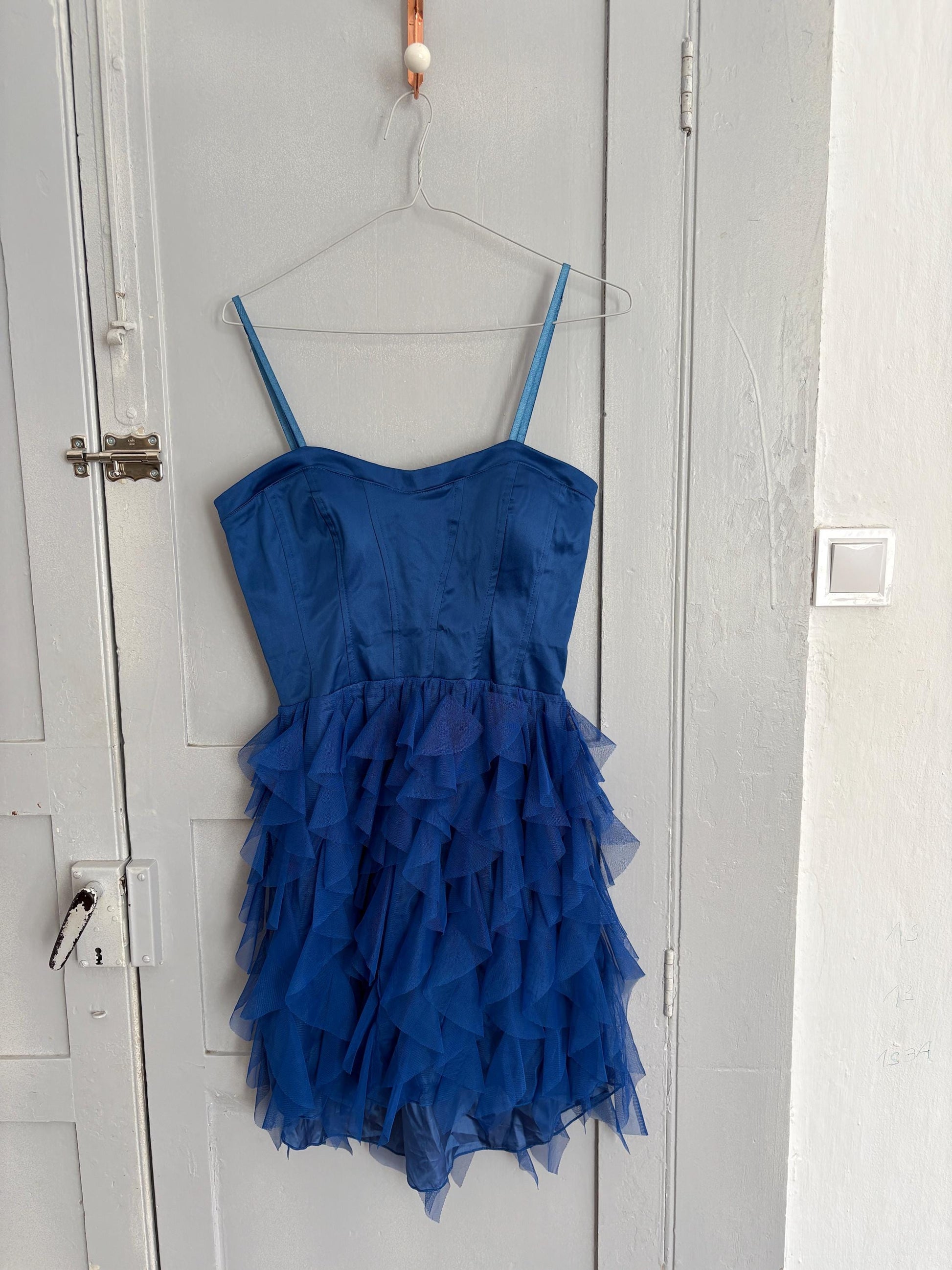 Vintage Blue Rinascimento Dress – Ruffle Mini Party Dress – Made in Italy – Statement Piece, Size S, Wedding guest outfit