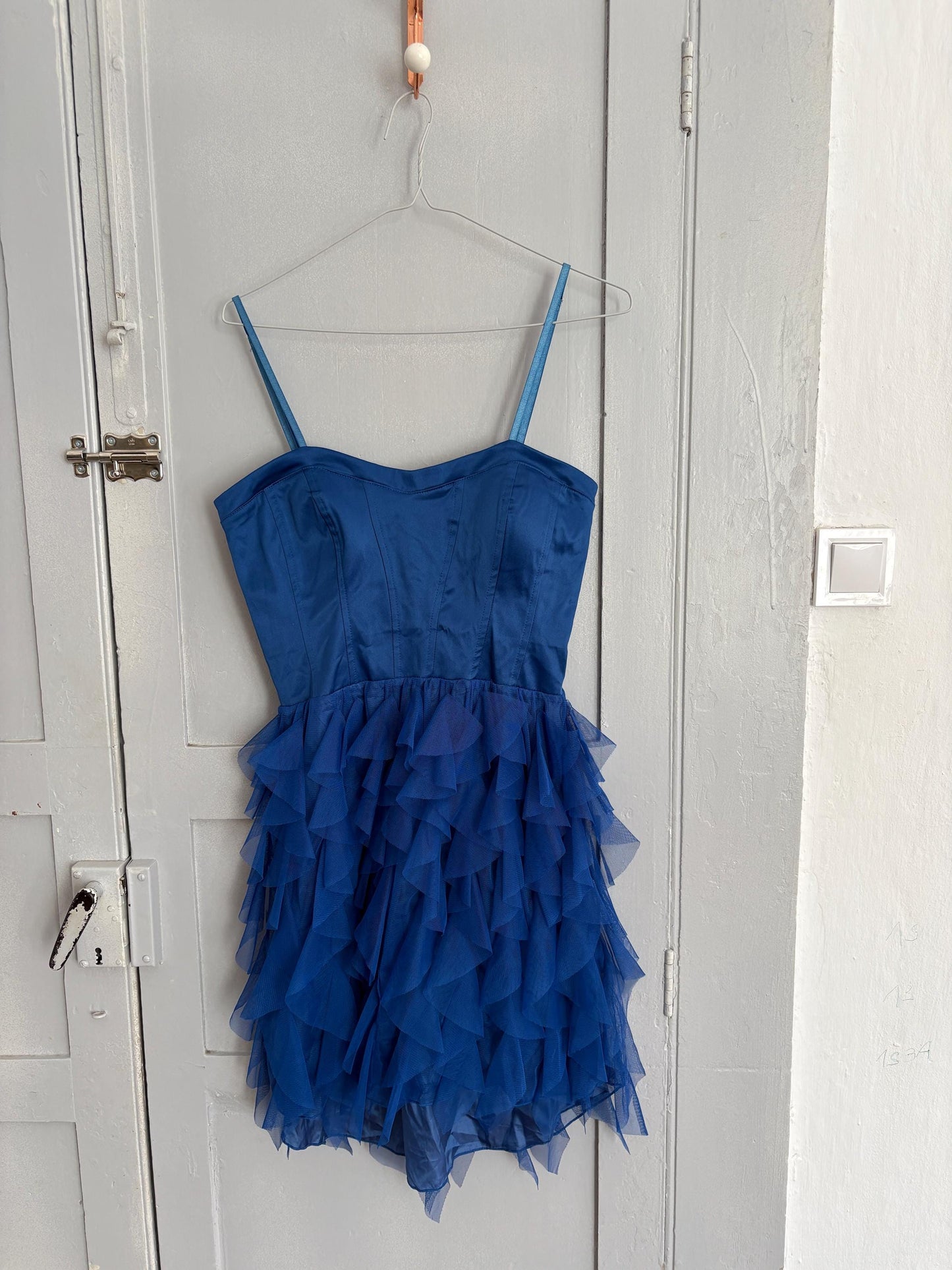 Vintage Blue Rinascimento Dress – Ruffle Mini Party Dress – Made in Italy – Statement Piece, Size S, Wedding guest outfit