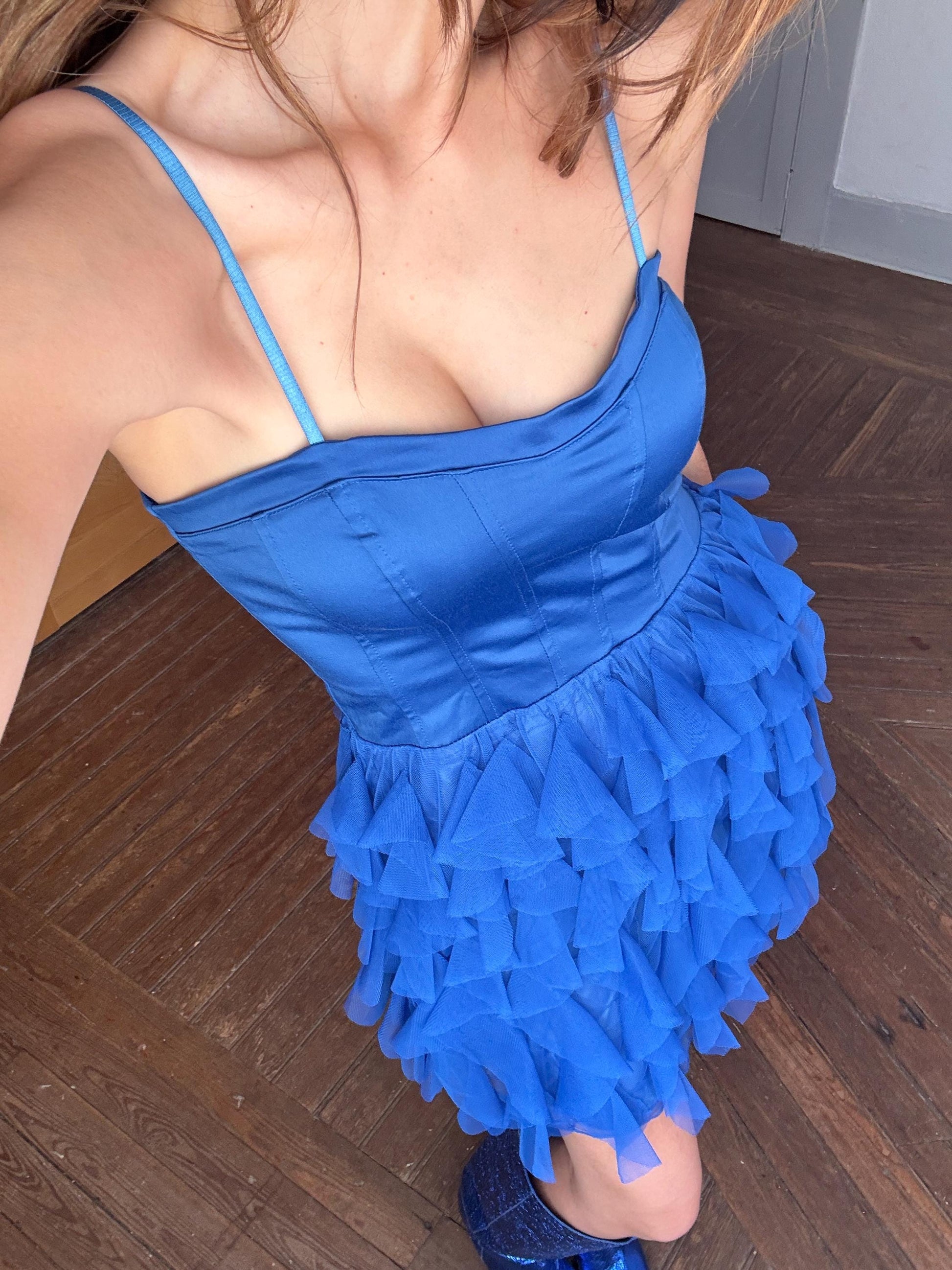 Vintage Blue Rinascimento Dress – Ruffle Mini Party Dress – Made in Italy – Statement Piece, Size S, Wedding guest outfit