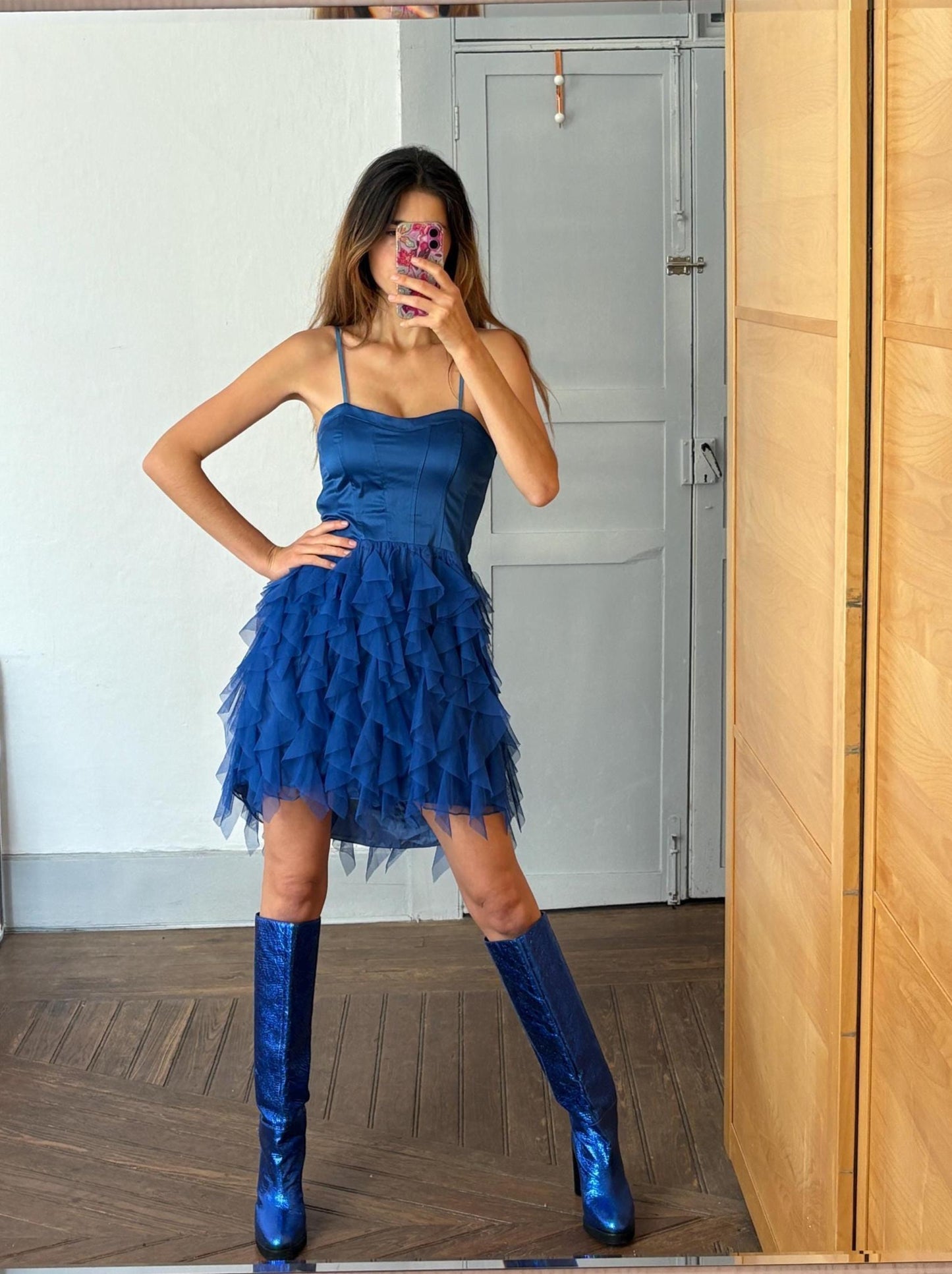 Vintage Blue Rinascimento Dress – Ruffle Mini Party Dress – Made in Italy – Statement Piece, Size S, Wedding guest outfit