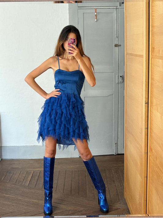 Vintage Blue Rinascimento Dress – Ruffle Mini Party Dress – Made in Italy – Statement Piece, Size S, Wedding guest outfit