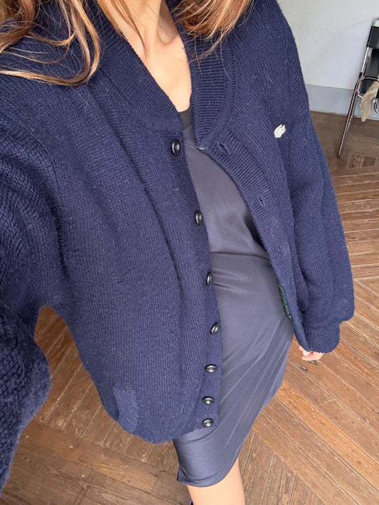 Navy blue vintage Chemise Lacoste cardigan, V neck classic Dark Academia aesthetic coat, Branded winter knit wear Size L EU 42 UK 14 US 10