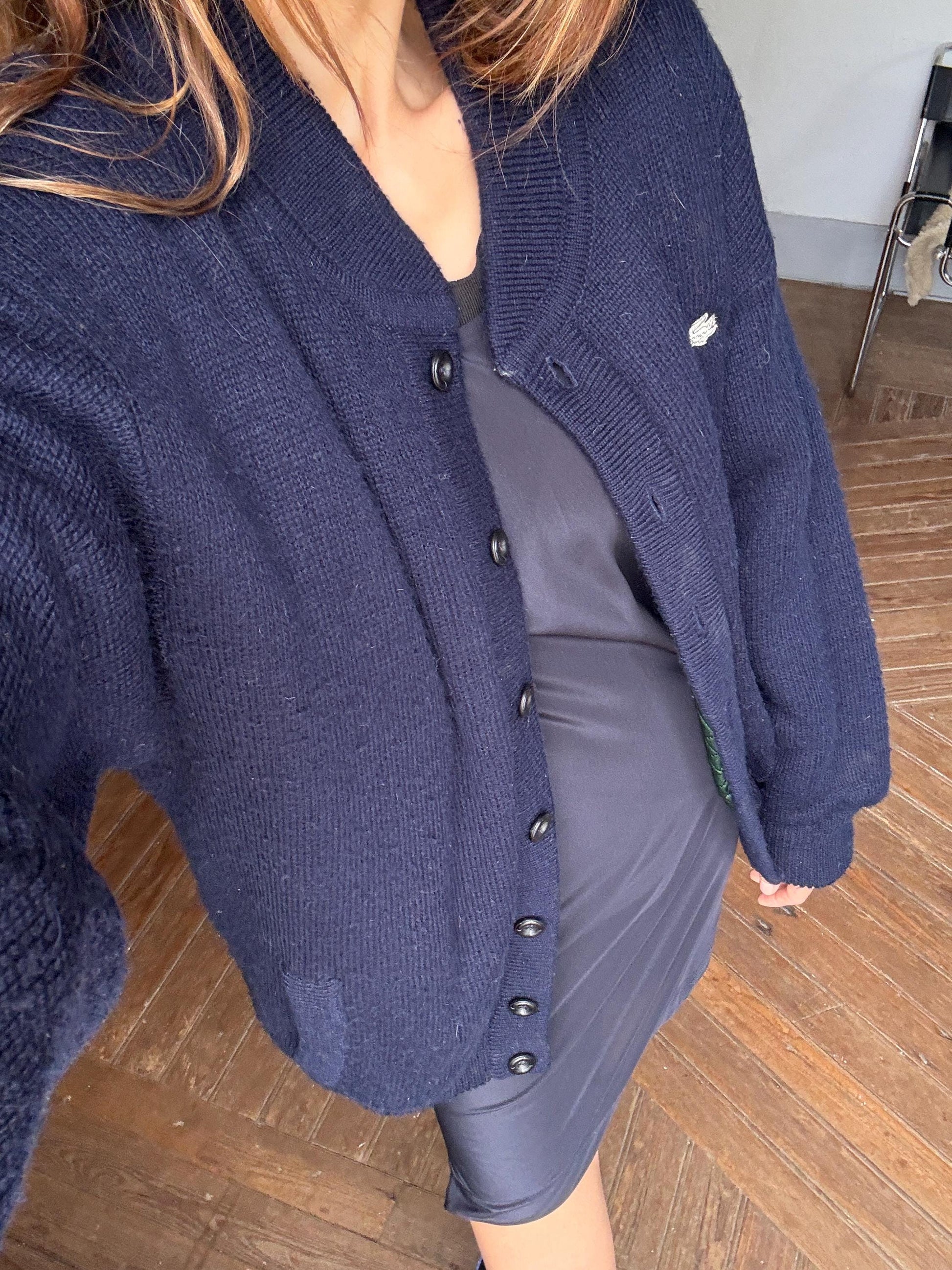 Navy blue vintage Chemise Lacoste cardigan, V neck classic Dark Academia aesthetic coat, Branded winter knit wear Size L EU 42 UK 14 US 10