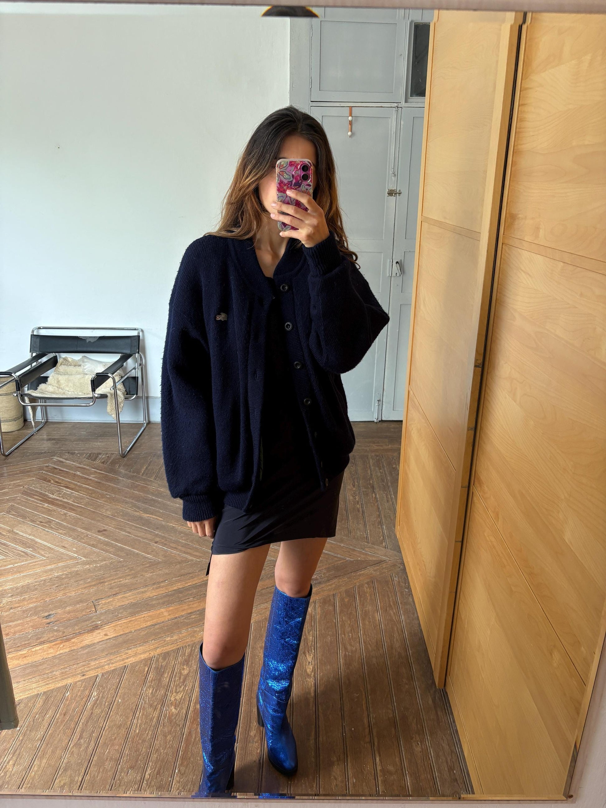 Navy blue vintage Chemise Lacoste cardigan, V neck classic Dark Academia aesthetic coat, Branded winter knit wear Size L EU 42 UK 14 US 10