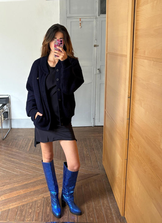 Navy blue vintage Chemise Lacoste cardigan, V neck classic Dark Academia aesthetic coat, Branded winter knit wear Size L EU 42 UK 14 US 10