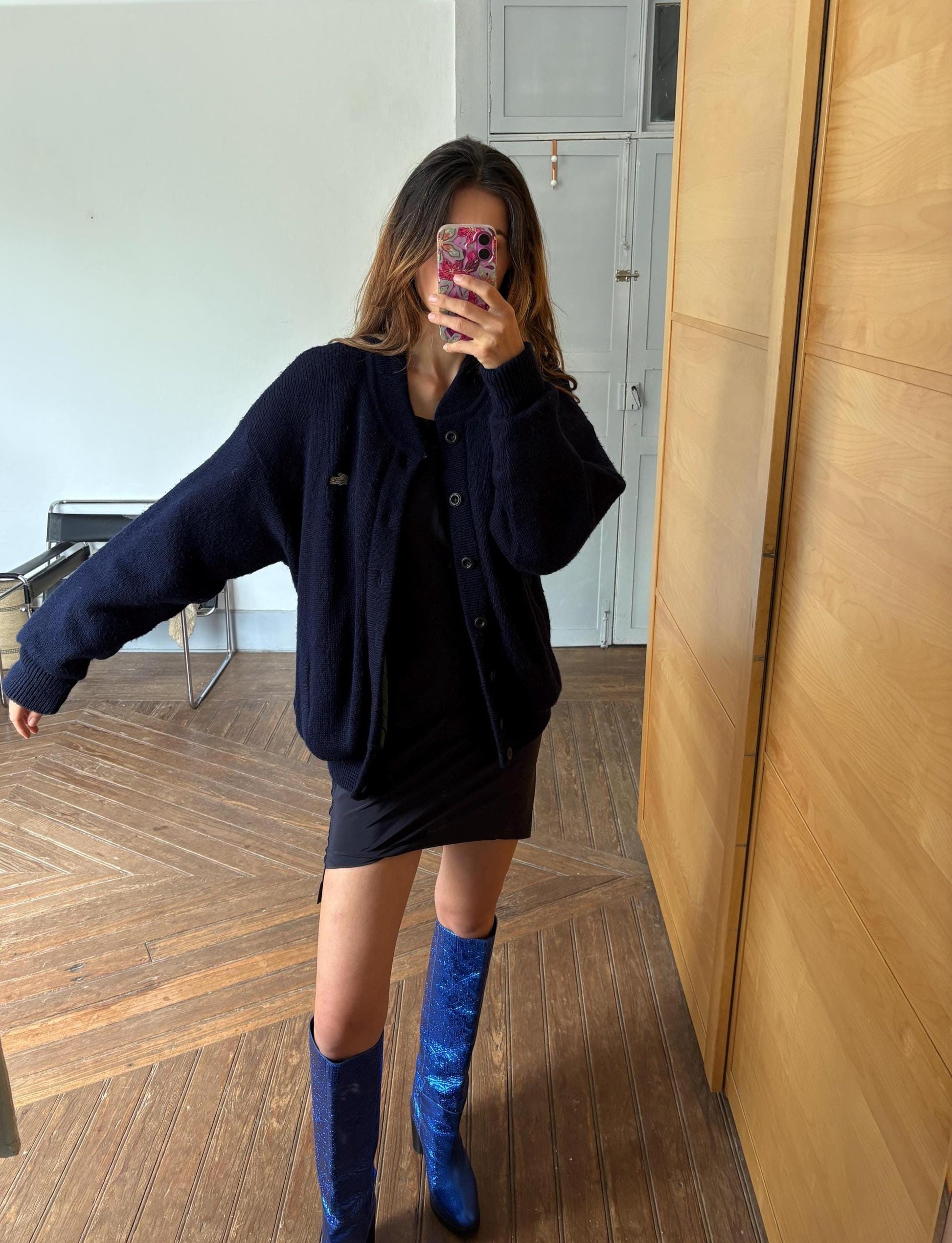 Navy blue vintage Chemise Lacoste cardigan, V neck classic Dark Academia aesthetic coat, Branded winter knit wear Size L EU 42 UK 14 US 10