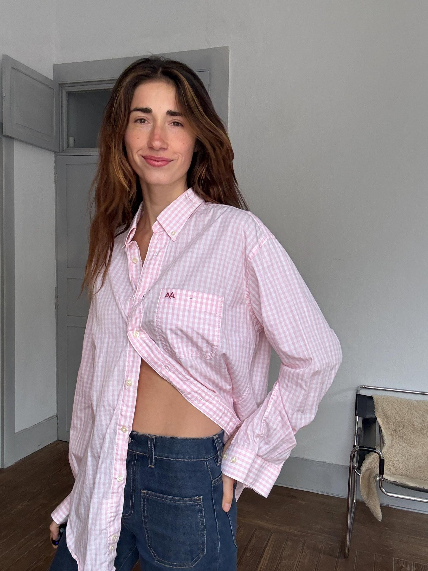 Vintage Thomas Burberry pink gingham button-up shirt – unisex fit, tag size L/4, 90s prep aesthetic, secondhand sustainable fashuon