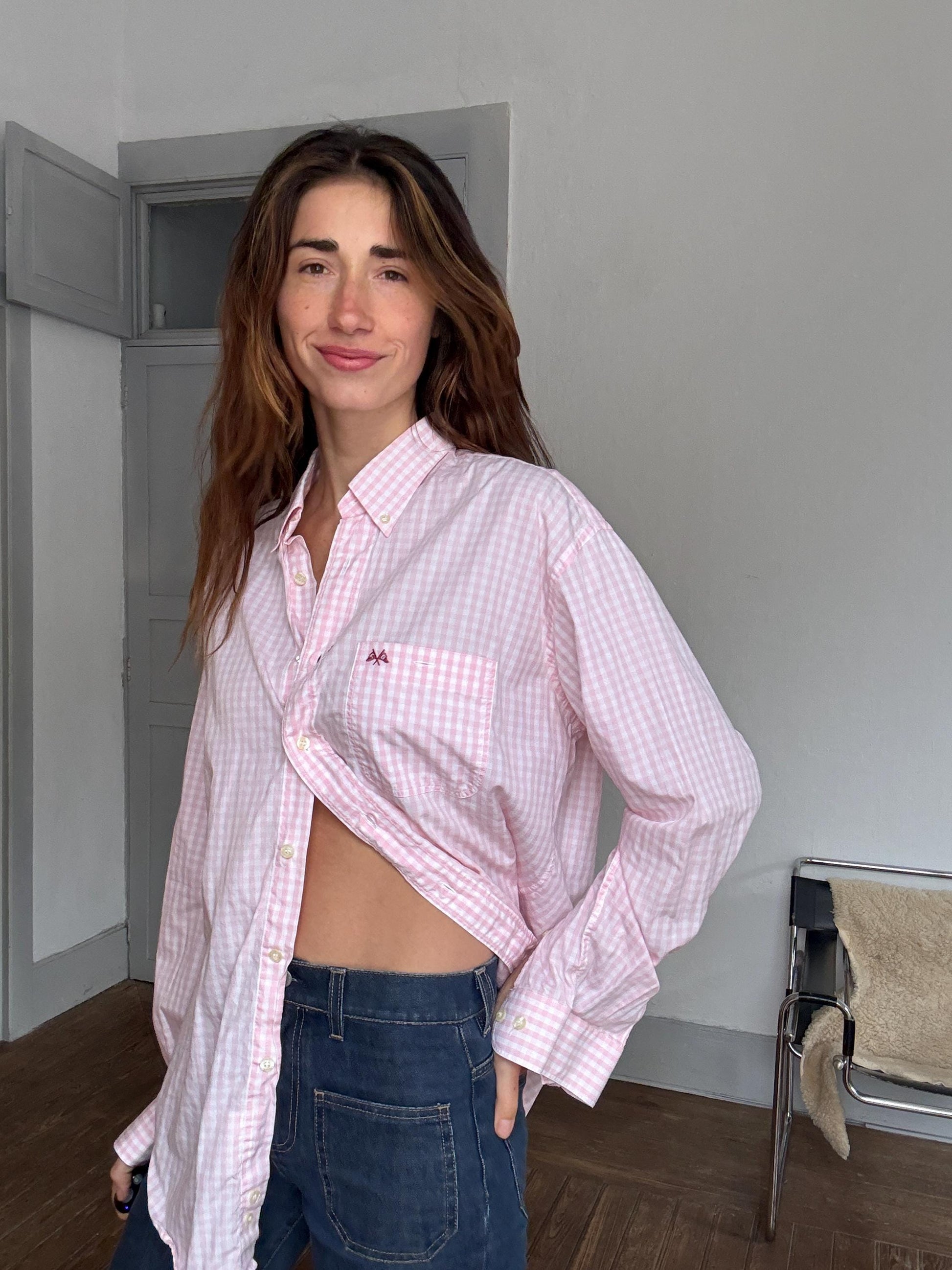 Vintage Thomas Burberry pink gingham button-up shirt – unisex fit, tag size L/4, 90s prep aesthetic, secondhand sustainable fashuon