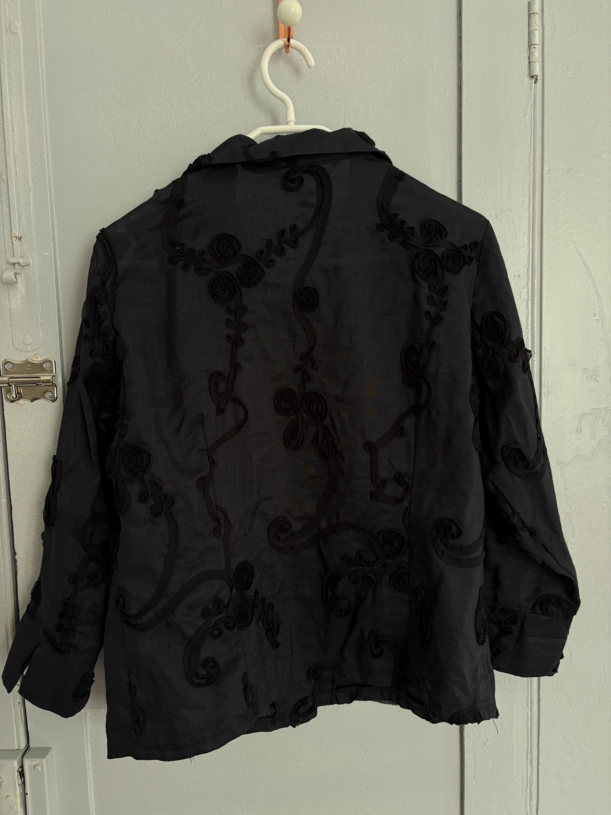Vintage Black Woman Blouse Sheer Embroidered Floral Shirt, Romantic Style Size L EU 44 UK 16 US 12