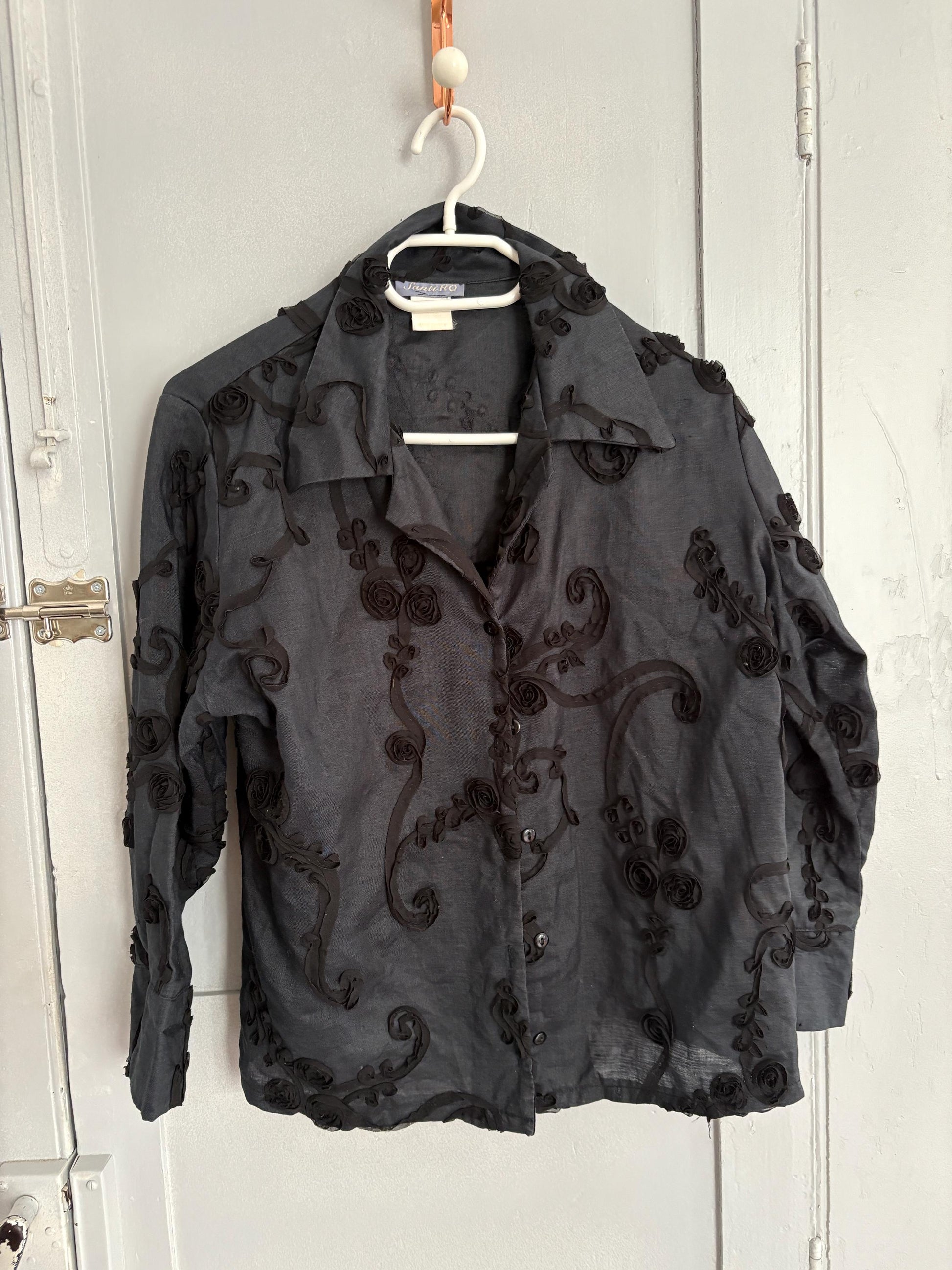 Vintage Black Woman Blouse Sheer Embroidered Floral Shirt, Romantic Style Size L EU 44 UK 16 US 12