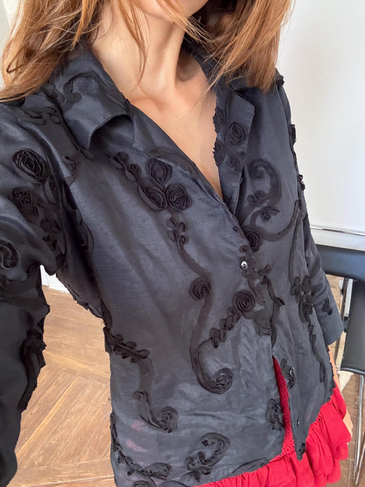 Vintage Black Woman Blouse Sheer Embroidered Floral Shirt, Romantic Style Size L EU 44 UK 16 US 12