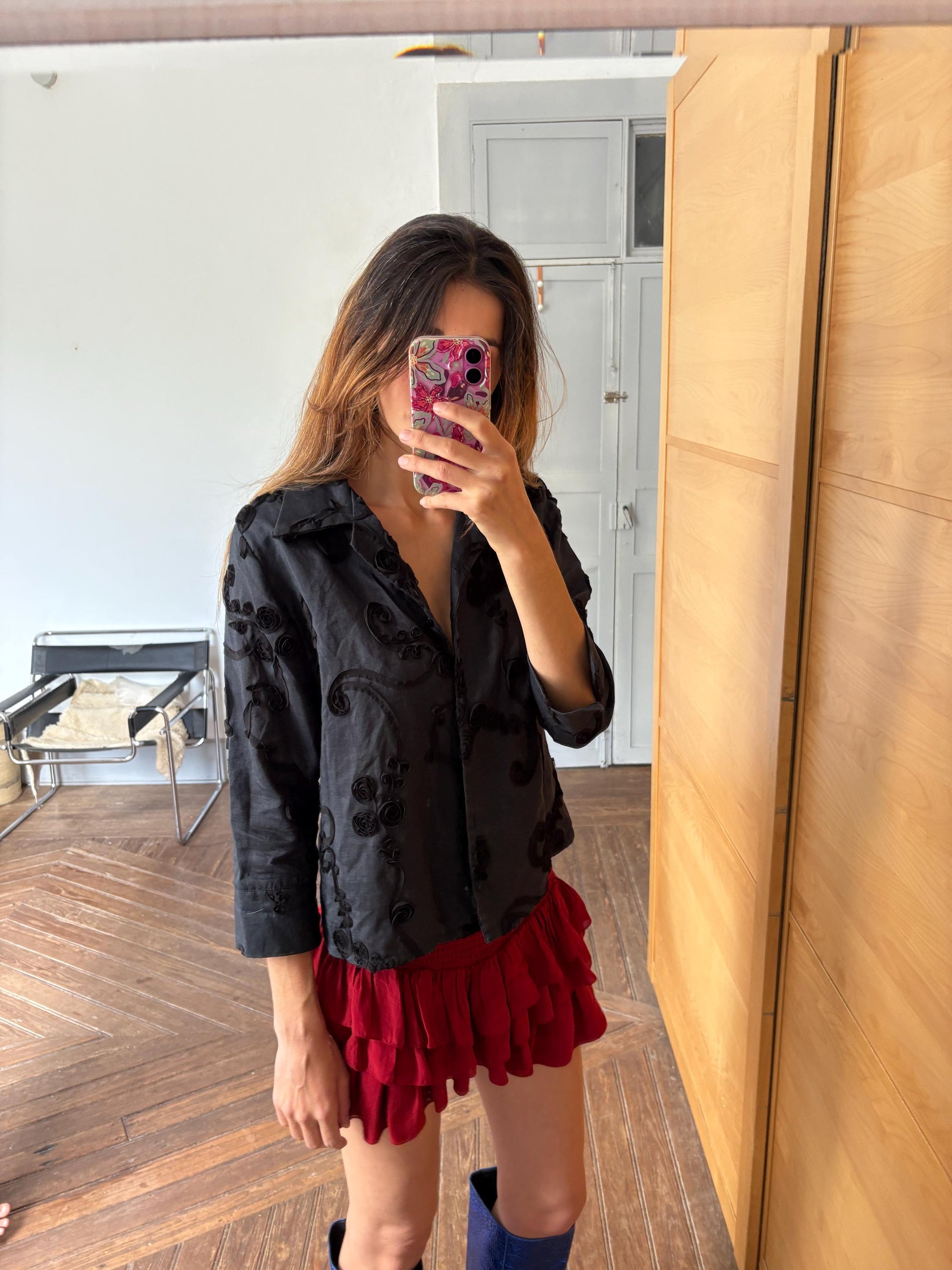 Vintage Black Woman Blouse Sheer Embroidered Floral Shirt, Romantic Style Size L EU 44 UK 16 US 12