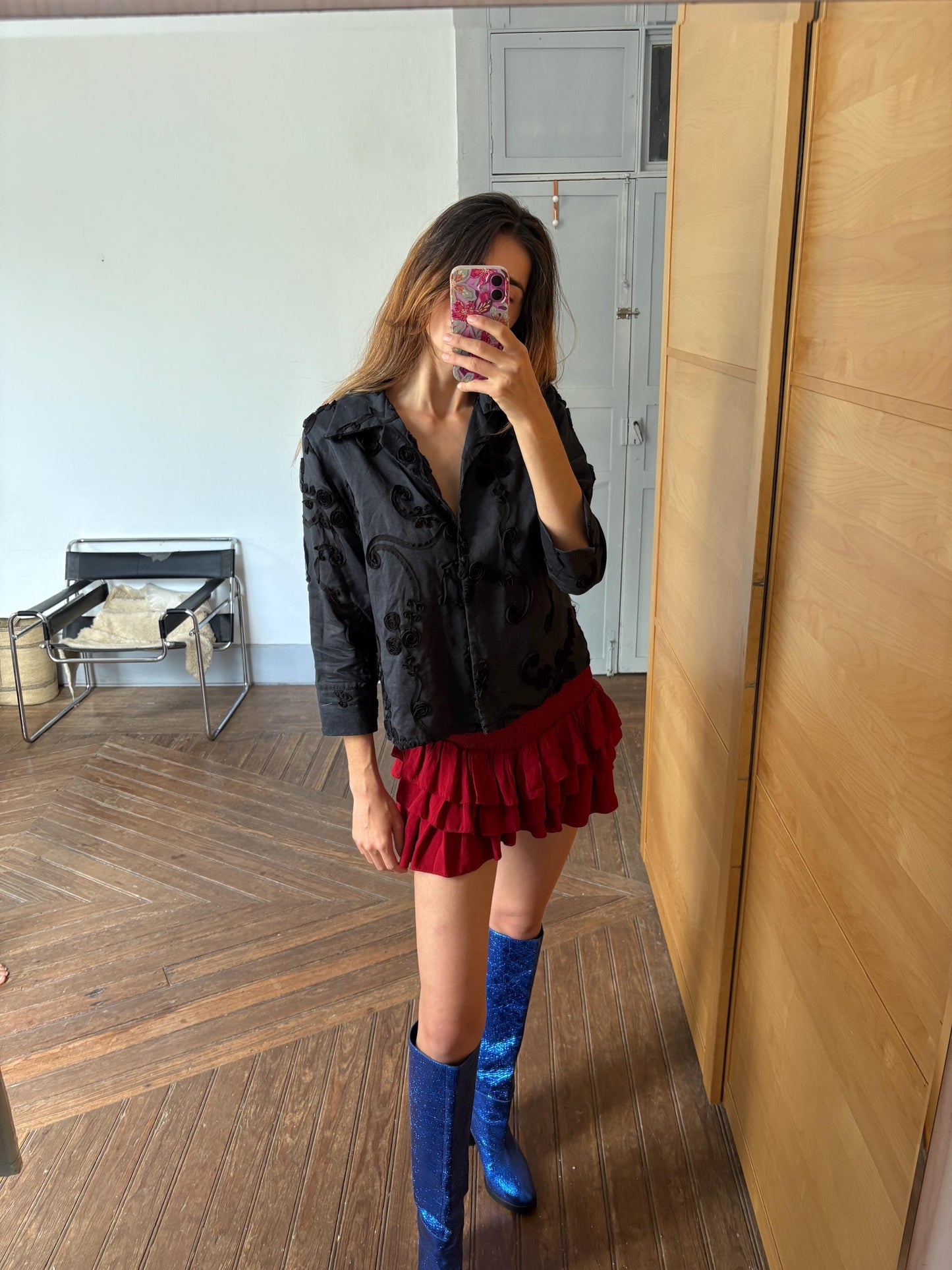 Vintage Black Woman Blouse Sheer Embroidered Floral Shirt, Romantic Style Size L EU 44 UK 16 US 12