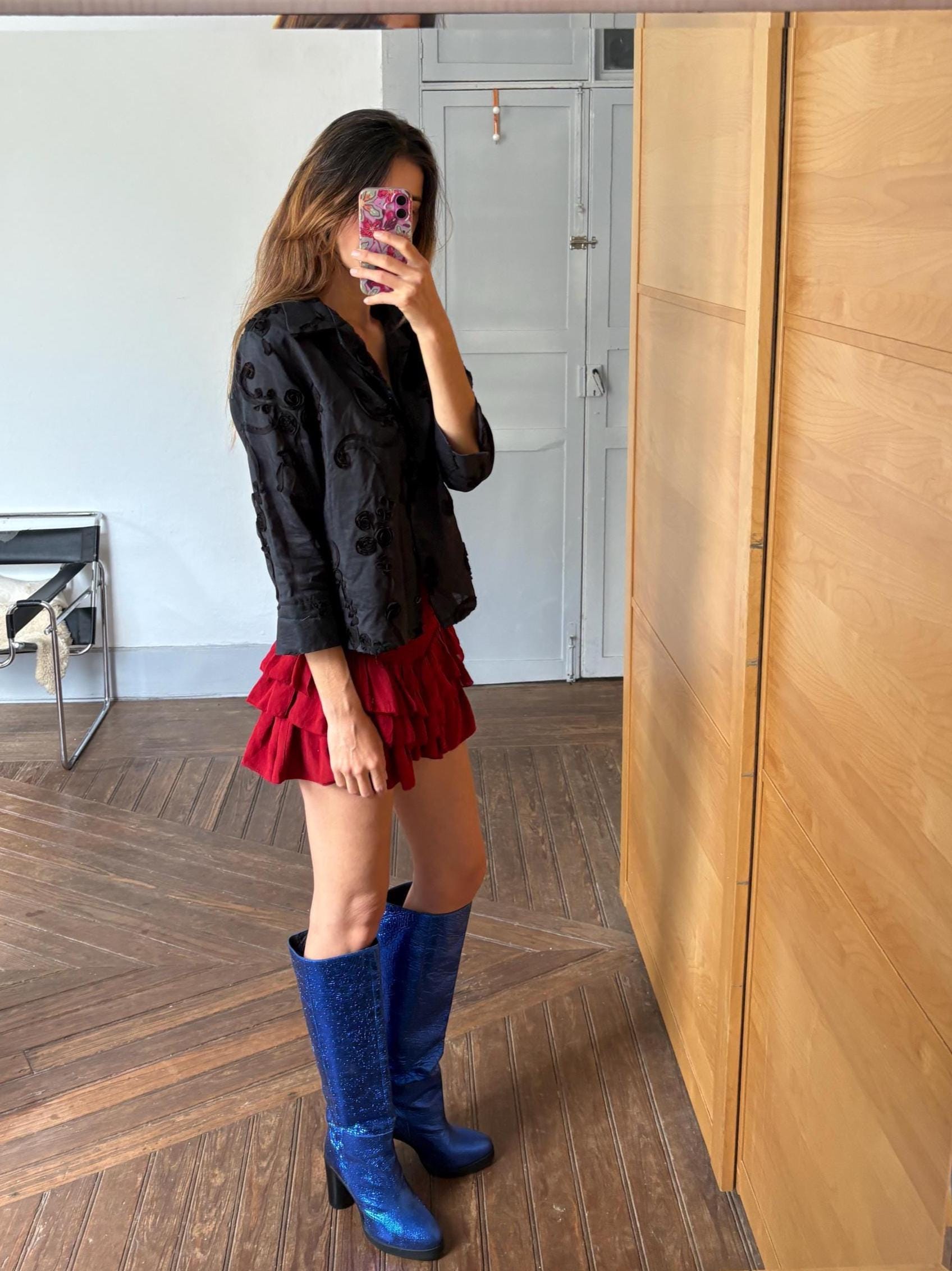 Vintage Black Woman Blouse Sheer Embroidered Floral Shirt, Romantic Style Size L EU 44 UK 16 US 12