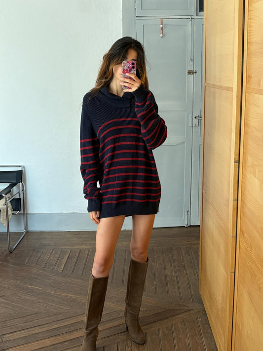 Vintage striped sweater dress, French aesthetic knit mini dress, Unisex knitwear, Parisian girl fashion, Cotton winter clothing, Size XL