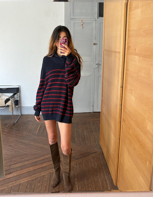 Vintage striped sweater dress, French aesthetic knit mini dress, Unisex knitwear, Parisian girl fashion, Cotton winter clothing, Size XL