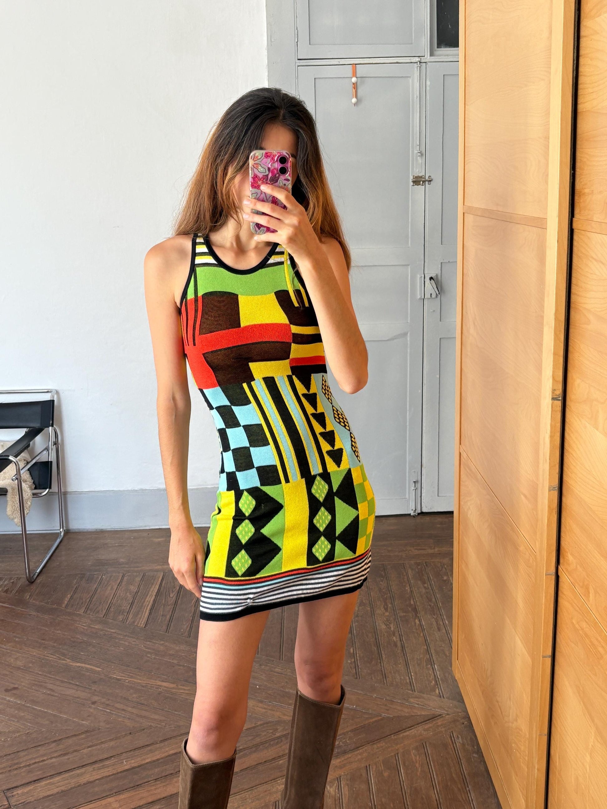 Vintage Colourful mini dress, Vibrant pop of colour bold geometric tight dress, Retro aesthetic mini outfit, Size XS