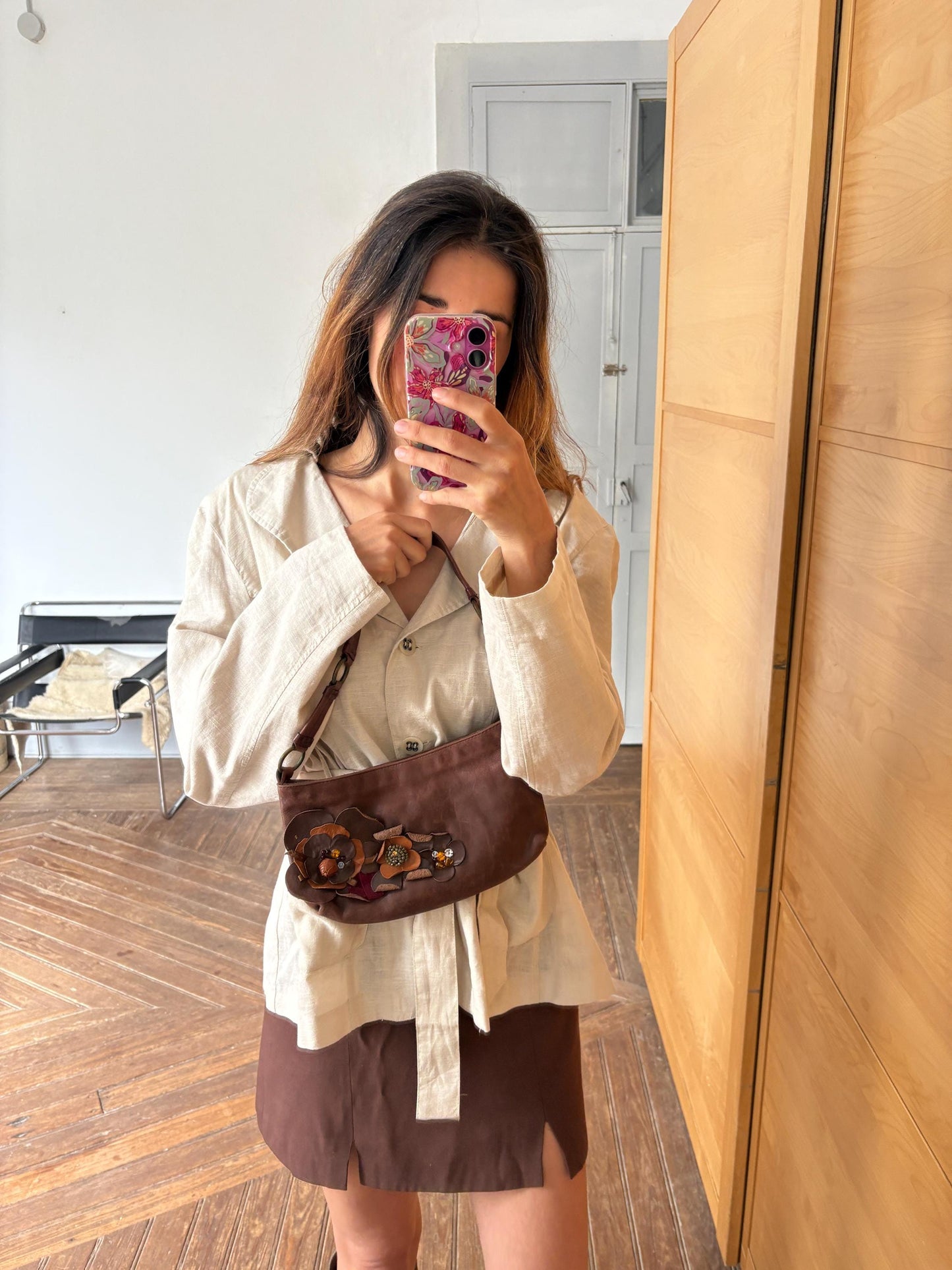 Vintage Massimo Dutti baguette bag, Genuine leather stylish woman purse, Cute tiny shoulder bag with flowers and beads